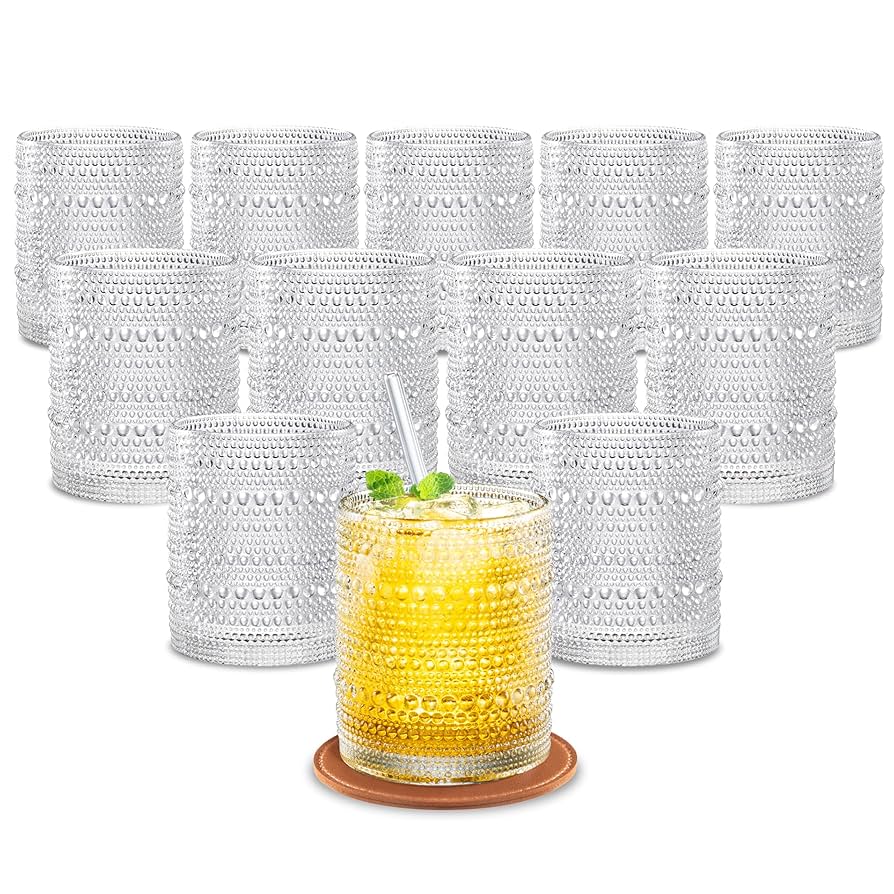 12 OZ Hobnail Drinking Set of 12 – Vintage Embossed Glassware, Textured Tumblers for Water, Beer, Cocktails, Mocktails, Whiskey & More – Includes Straws and Coasters – Clear