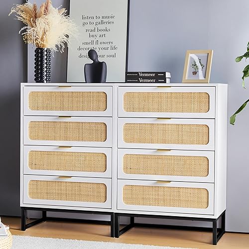 Miniatura 7 de Cómoda de 8 cajones para dormitorio, cómoda de ratán, cómoda de armario, cómoda de almacenamiento de madera alta para sala de estar, dormitorio de