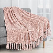 PAVILIA Chenille Blanket, Soft Throw Blanket for Couch Sofa, Knit Chenille Throw Blanket for Twin Size Bed, Living Room Decor, Woven Knitted Decorative Blanket with Tassels Fringe, Blush Pink 60x80in