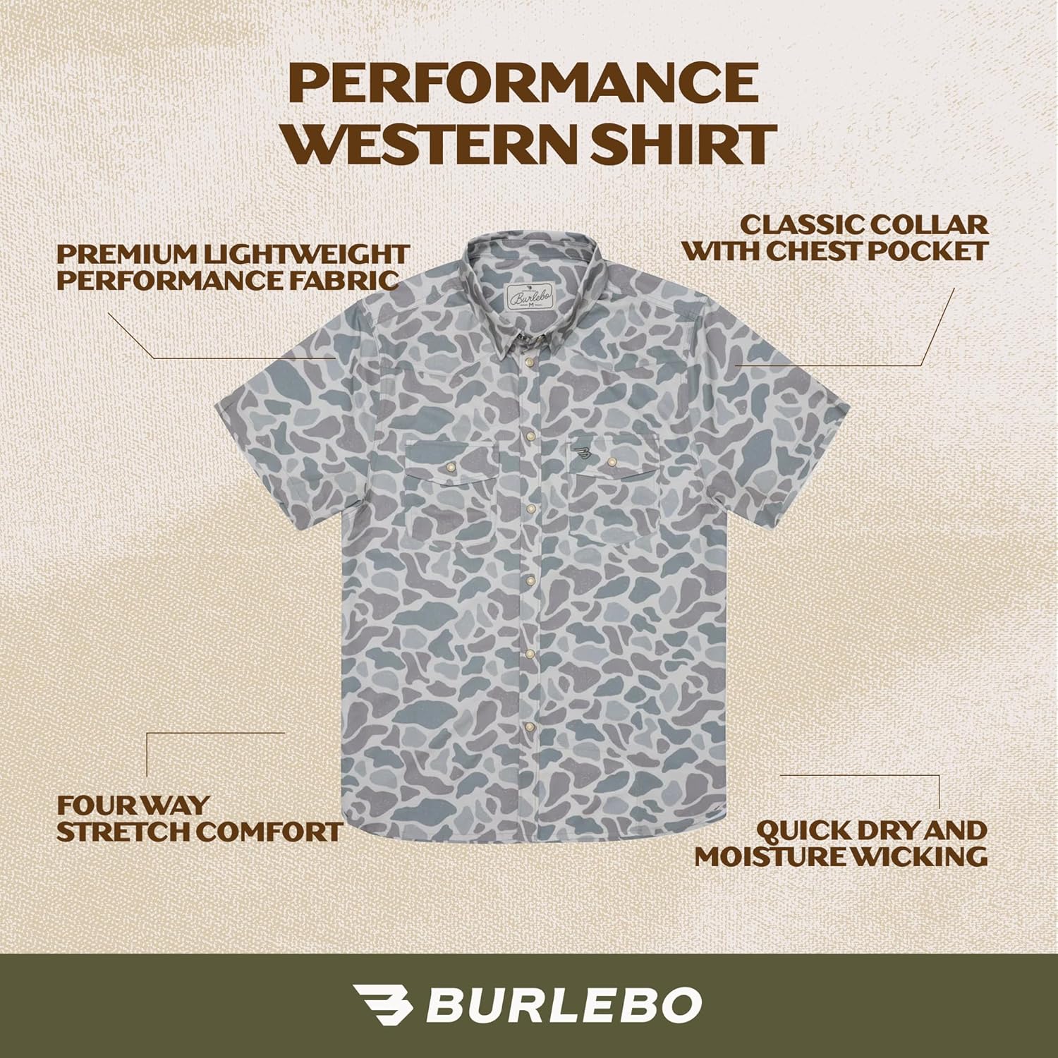 Burlebo Men’s Performance Western Shirt – Pearl Snap Button Up, Lightweight Stretch Fabric, Quick Dry & Moisture Wicking