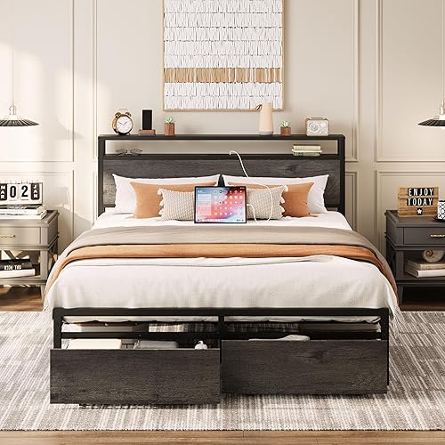 Miniatura 46 de LIKIMIO Base de cama Queen con cabecera de almacenamiento, cama de plataforma con cajones y estación de carga, no necesita somier, fácil montaje,