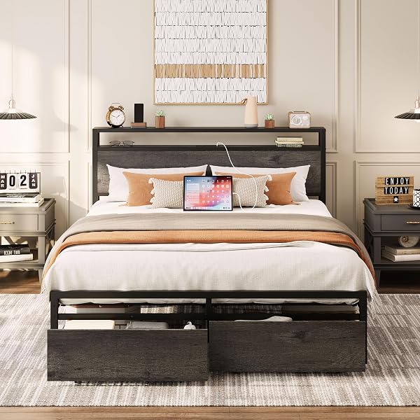 LIKIMIO Bed Frame with Storage Headboard, Platform Bed with Drawers and Charging Station, No Box Spring Needed, Easy Ass
