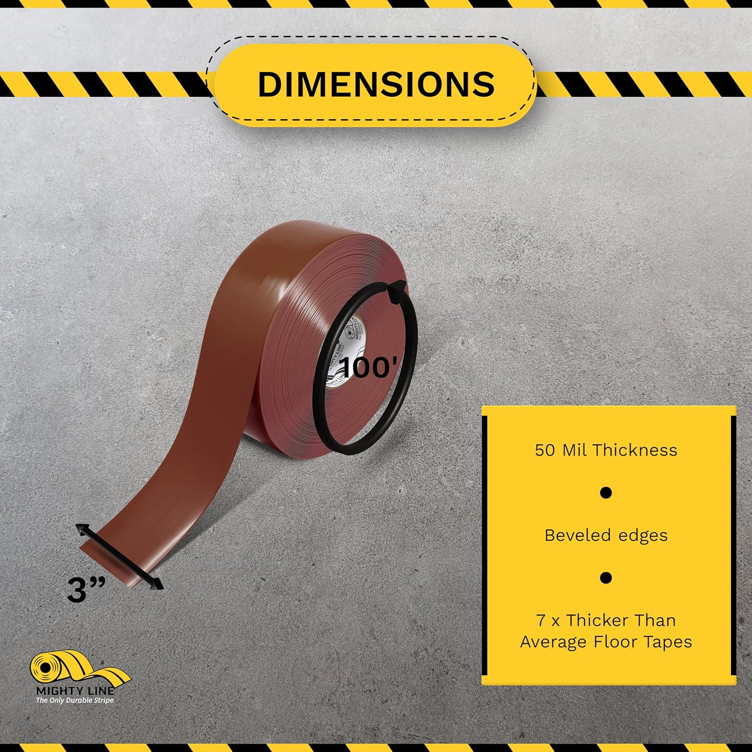 Mighty Line Solid Color 5S Floor Marking Tape for Industrial, Caution, Warning, Safety, Warehouse, Gym, Dance Floor, Line Set Marker, Flooring, Heavy-Duty Adhesive, 3 inch Wide, 100' Roll, Brown