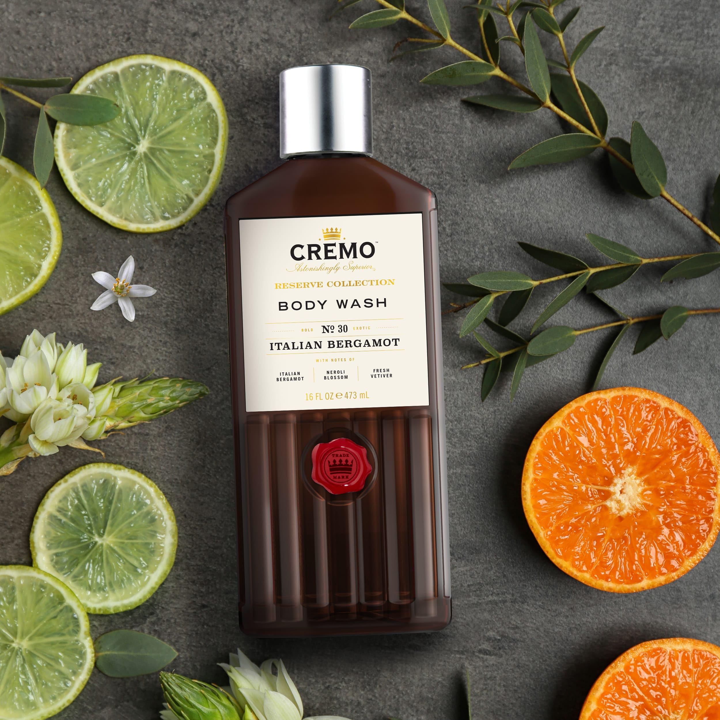 Cremo Body Wash Men, Notes of Italian Bergamot, Neroli Blossom, and Fresh Vetiver, Rich-Lathering Italian Bergamot, 16 Fl Oz