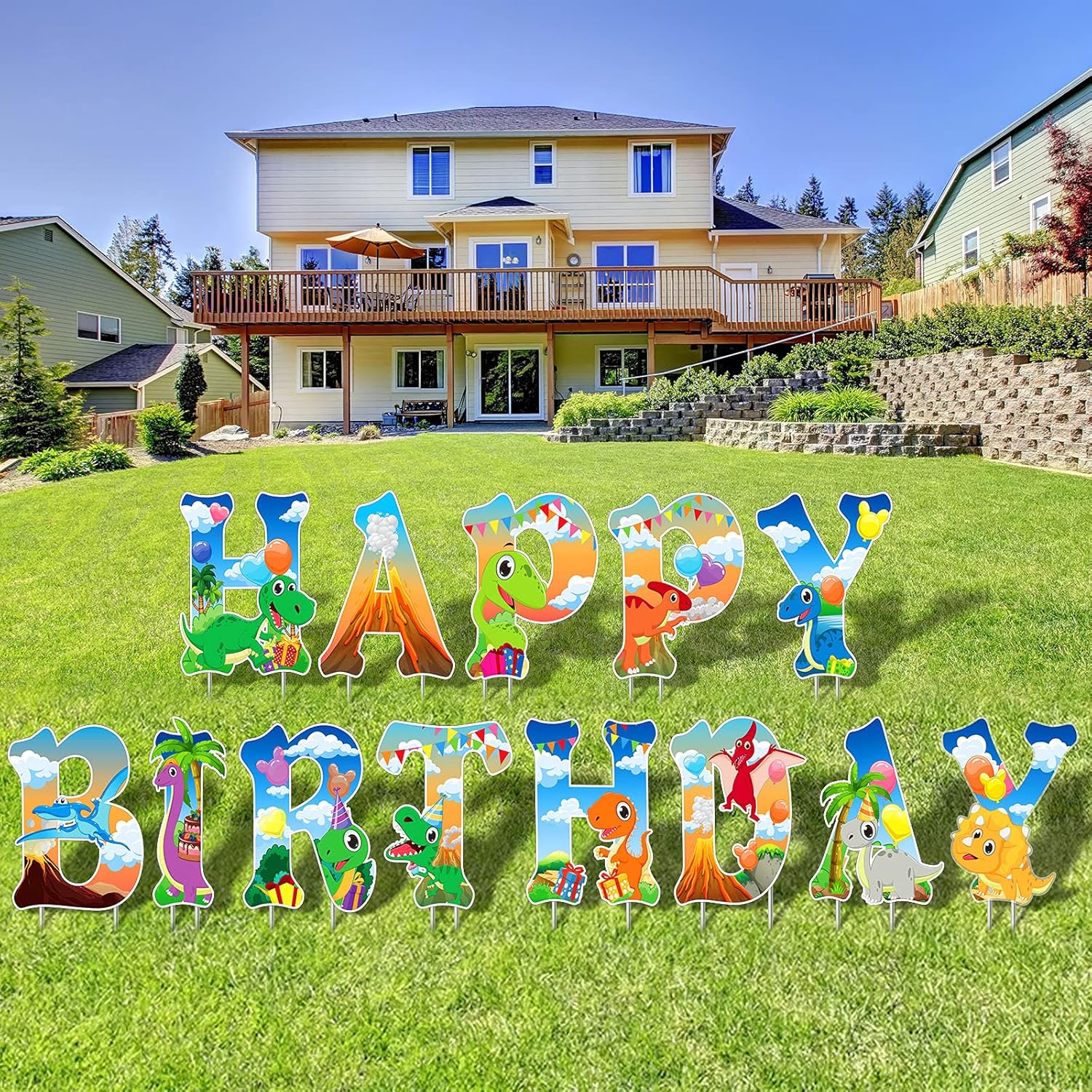 13 Pieces Happy Birthday Yard Sign Dinosaur Birthday Decorations Plastic Large Size Decorative Sign with Stake for Outdoor Garden Lawn
