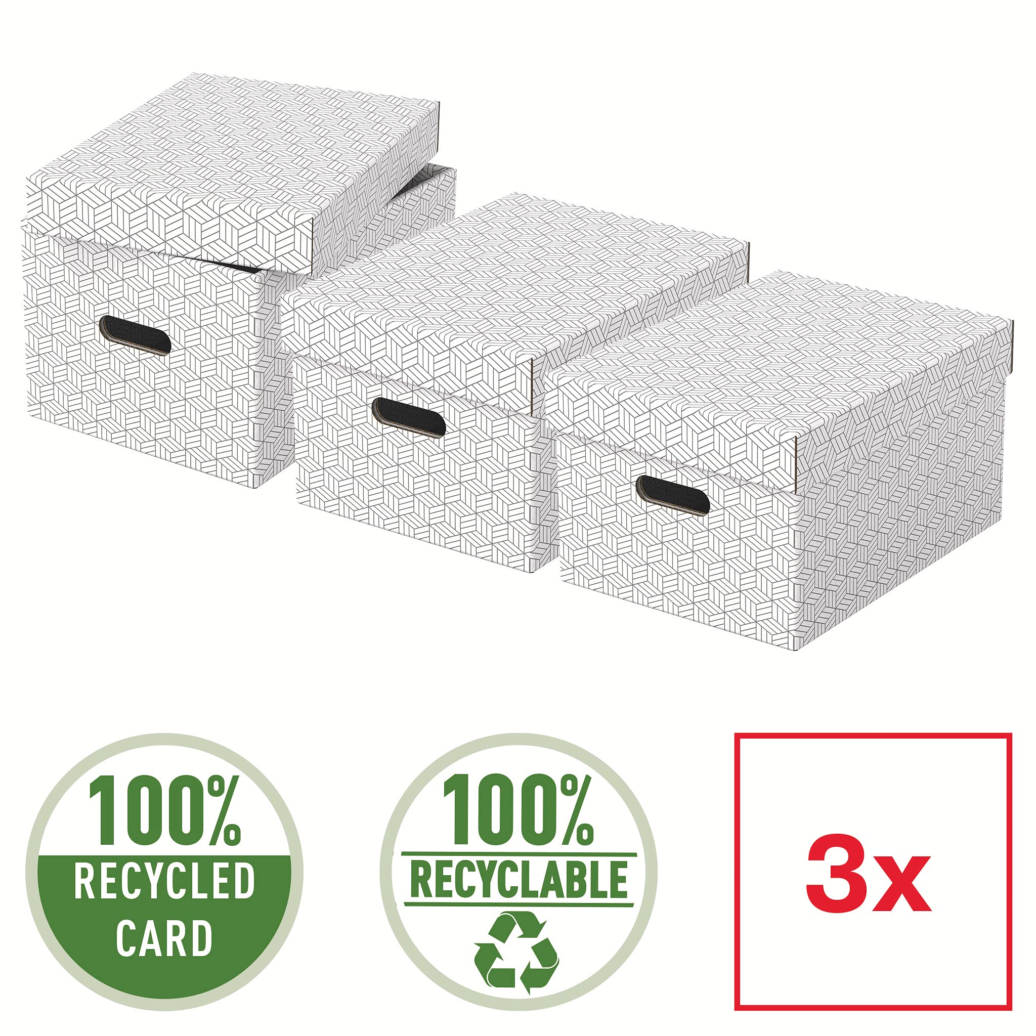 Esselte Medium Storage Box With Lid, Pack Of 3, Home/Office Storage & Organisation, 100% Recycled Cardboard, 100% Recyclable, Geometric Design, White, 628282