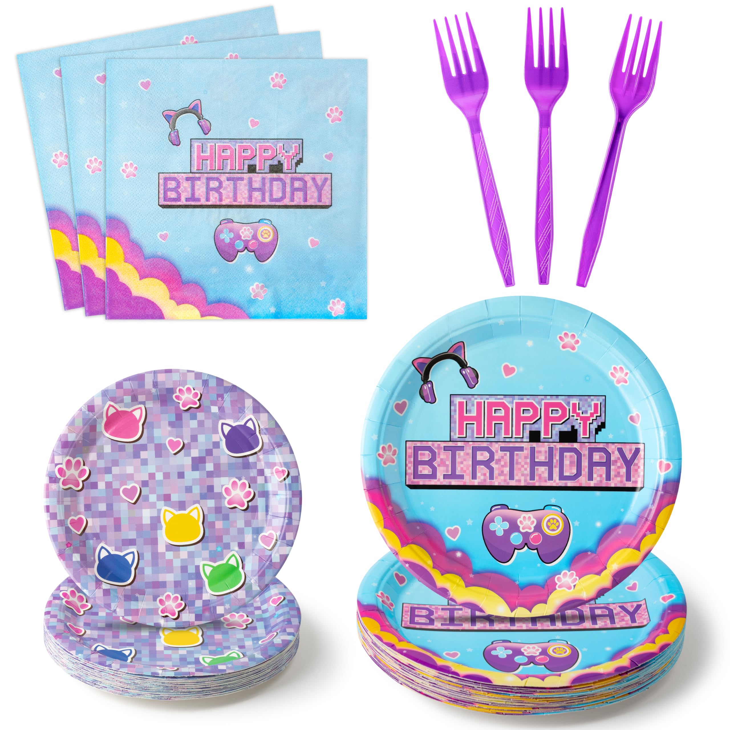 GaofanWai Video Game Birthday Tableware - 96PCS Neon Gaming Party Cat Pixel Paper Plate Set for Kids Gamer Party Decoration Plates Disposable