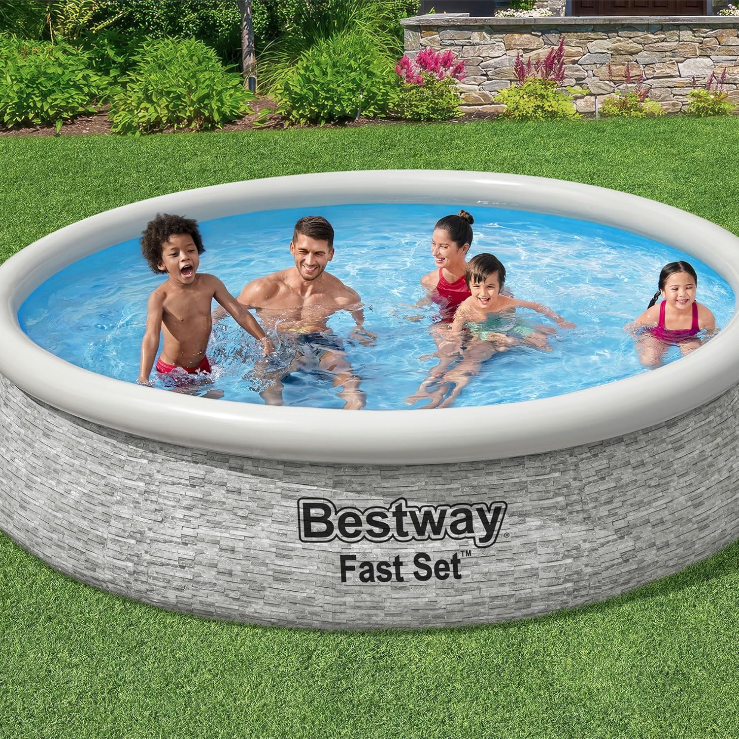 Bestway 12' x 30" Round Inflatable Stone Design Pool Set with Filter Pump