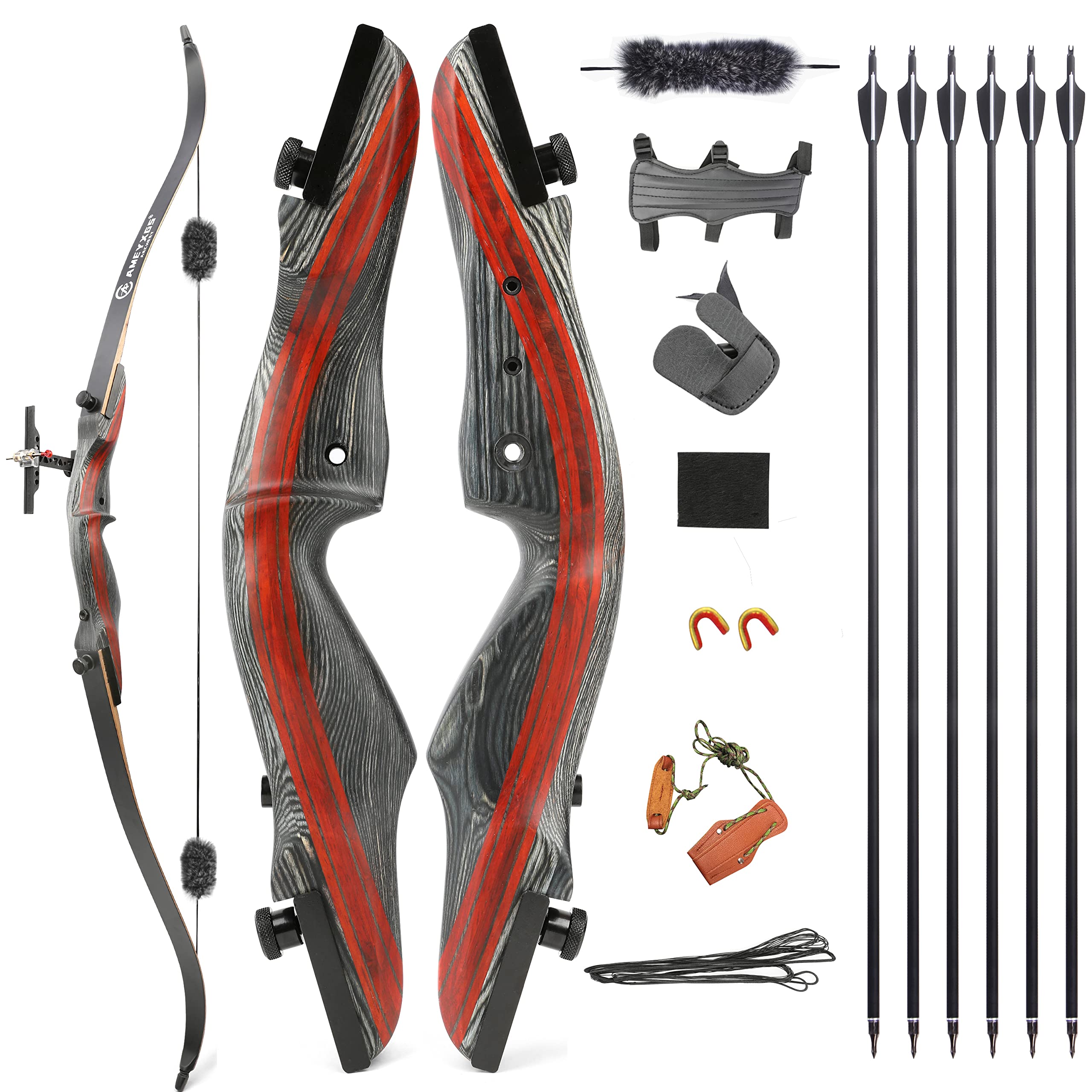 AMEYXGS Takedown Arc recurve et Ensemble de flèches 62 Pouces tir à l'arc Arc de Chasse pour Adolescents et Adultes 20-35lbs Arc Traditionnel en Bois Arc Long avec flèches en Carbone (30bls)