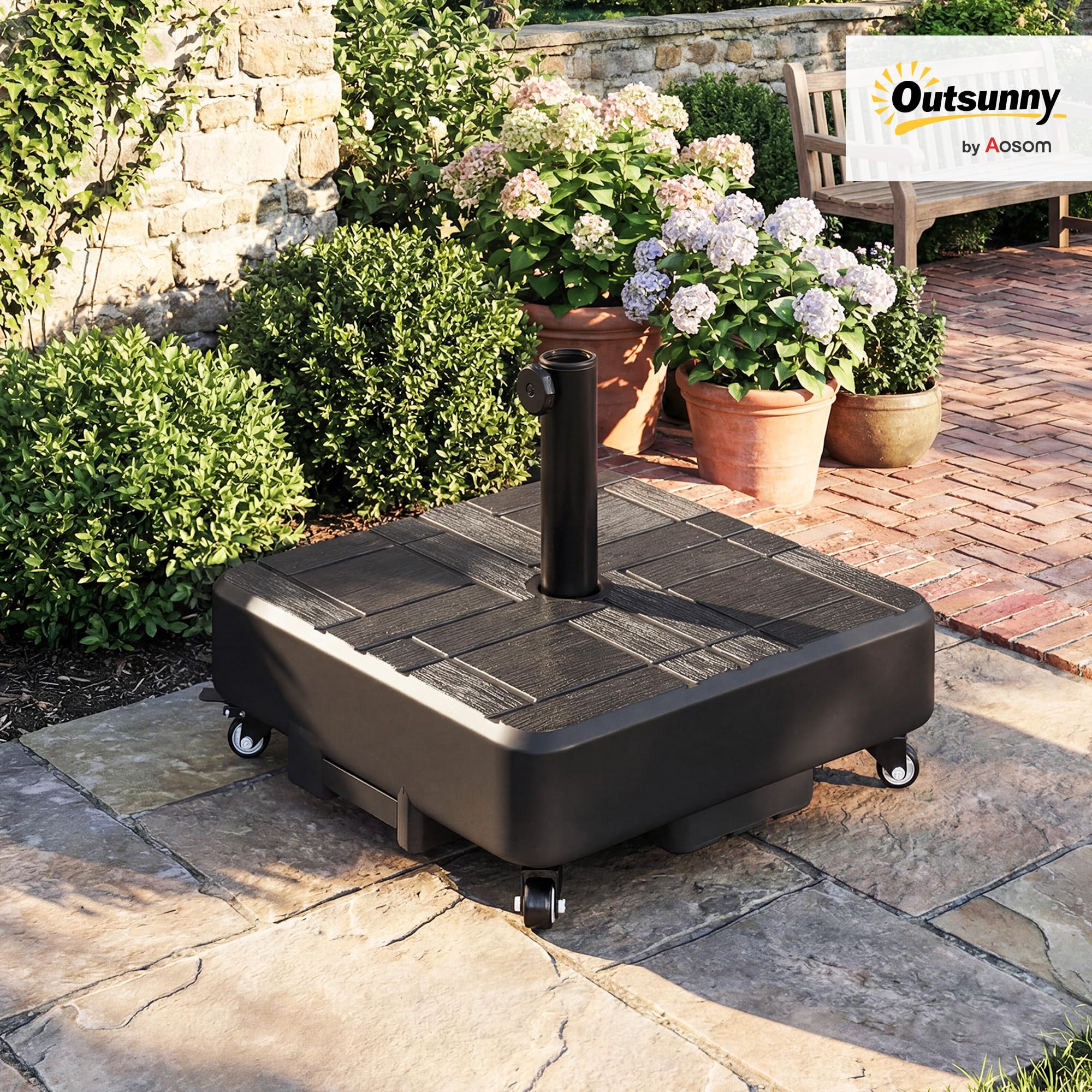Outsunny Pied de Parasol Carré, Socle Parasol extérieur avec Roues Remplissable jusqu'à 35 kg avec Sable ou 28 L avec Eau, pour mât de Ø 38/48 mm, 48 x 48 x 38,5 cm, Noir