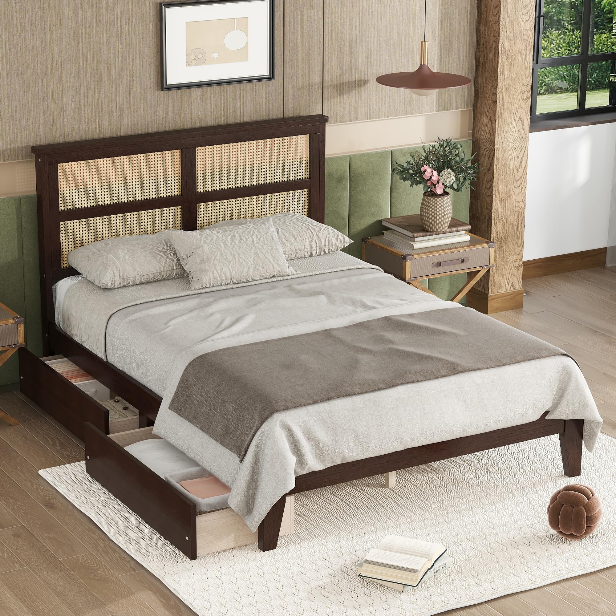 KEIKI Full Size Wood Platform Bed Frame with Rattan Headboard, 2 Storage Drawers, Modern Style Bed with Solid Wooden Slats, Easy Assembly, No Box