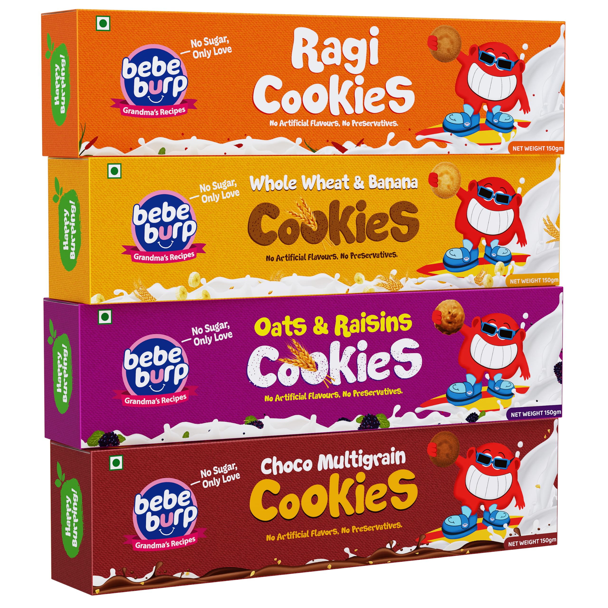 Bebe Burp-Organic Ragi,Whole Wheat, Oats & Chocolate Cookies | Natural Tasty & Healthy Cookies | No Preservatives & Artificial Flavors | Snacks For Kids, 600gm (Pack of 4)