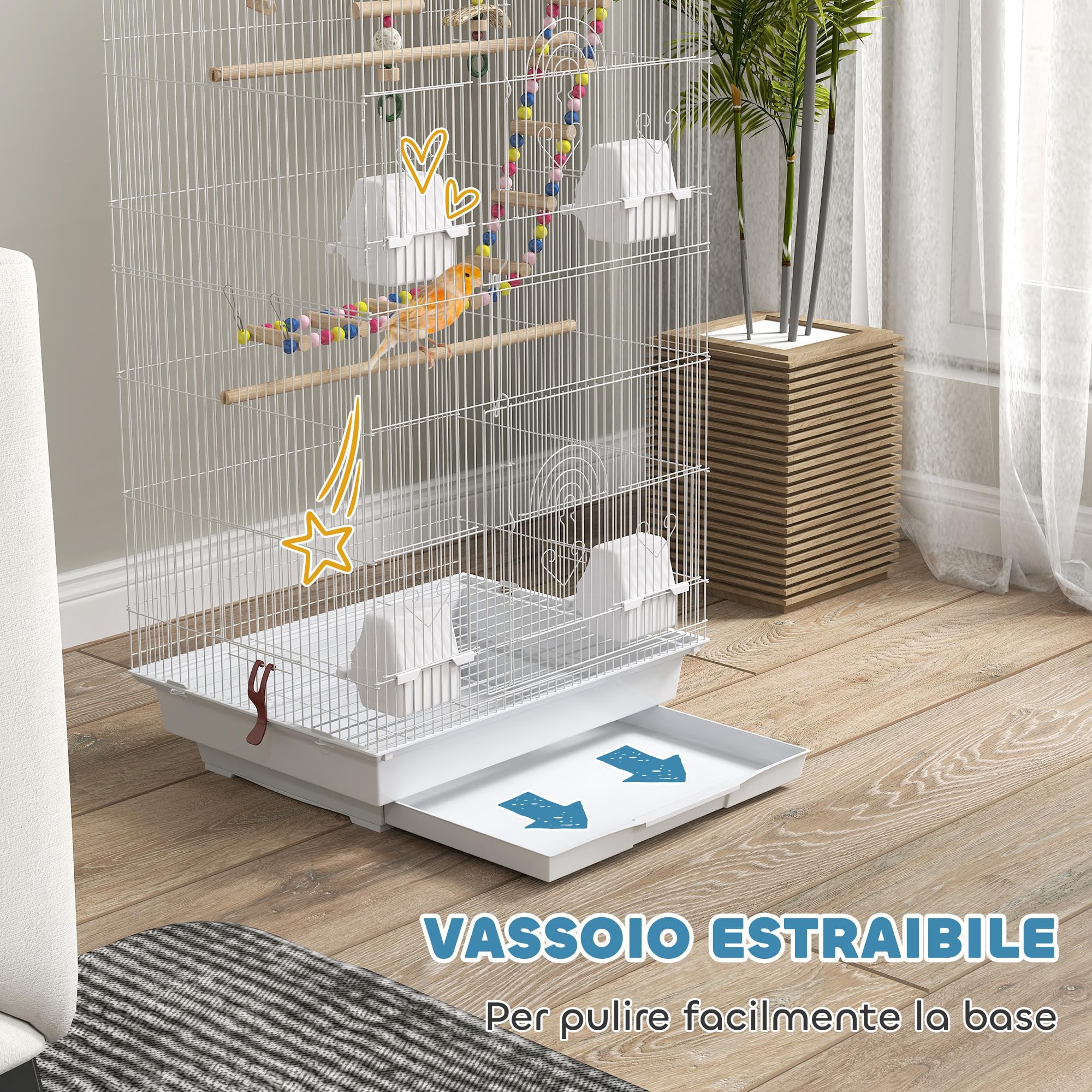 PawHut Gabbia per Uccelli, Voliera con Maniglia e Porte, Gabbietta con Altalena, Ciotole e Giochi, 46x36x100 cm, Bianco