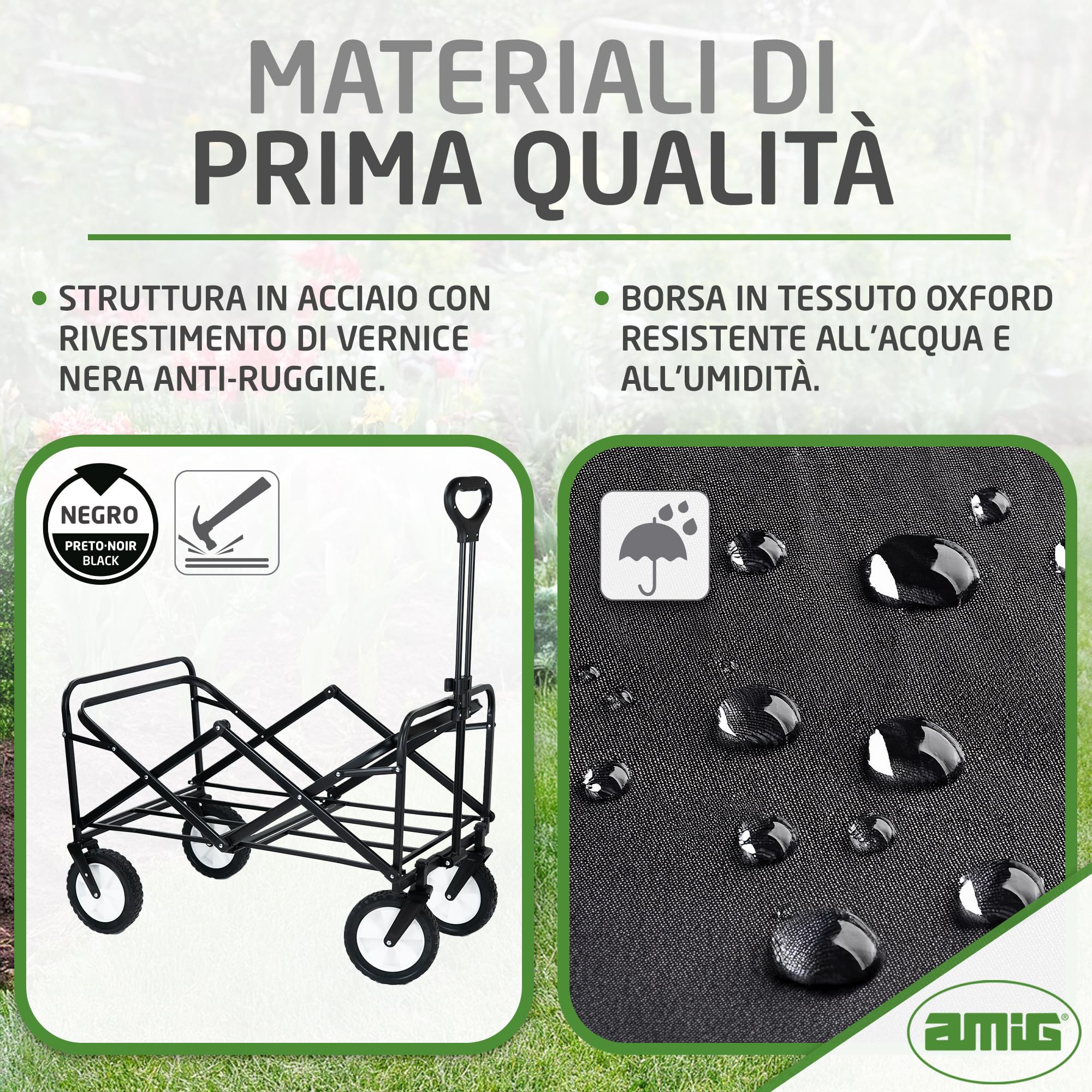Amig - Carrello da Giardino Pieghevole Carrello da Spiaggia con Tessuto Oxford Impermeabile Colore Nero Ruote da 20 cm di diametro 360º Carico max 100 kg