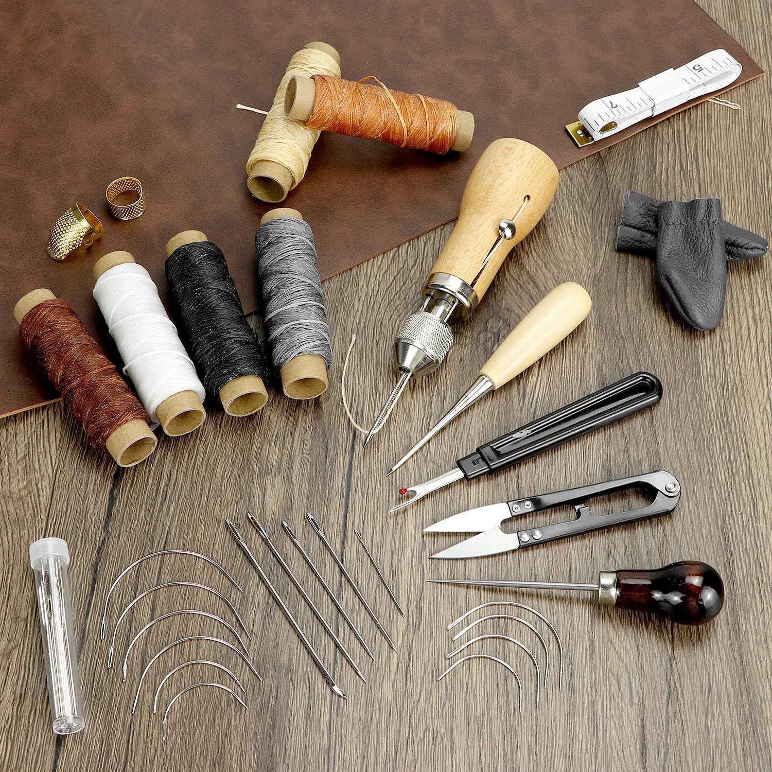 QWORK Kit punteruolo da cucito con borsa, kit di filo cerato per cucito in pelle, kit da cucito per riparazione, punteruolo portatile, kit di strumenti per artigianato in pelle