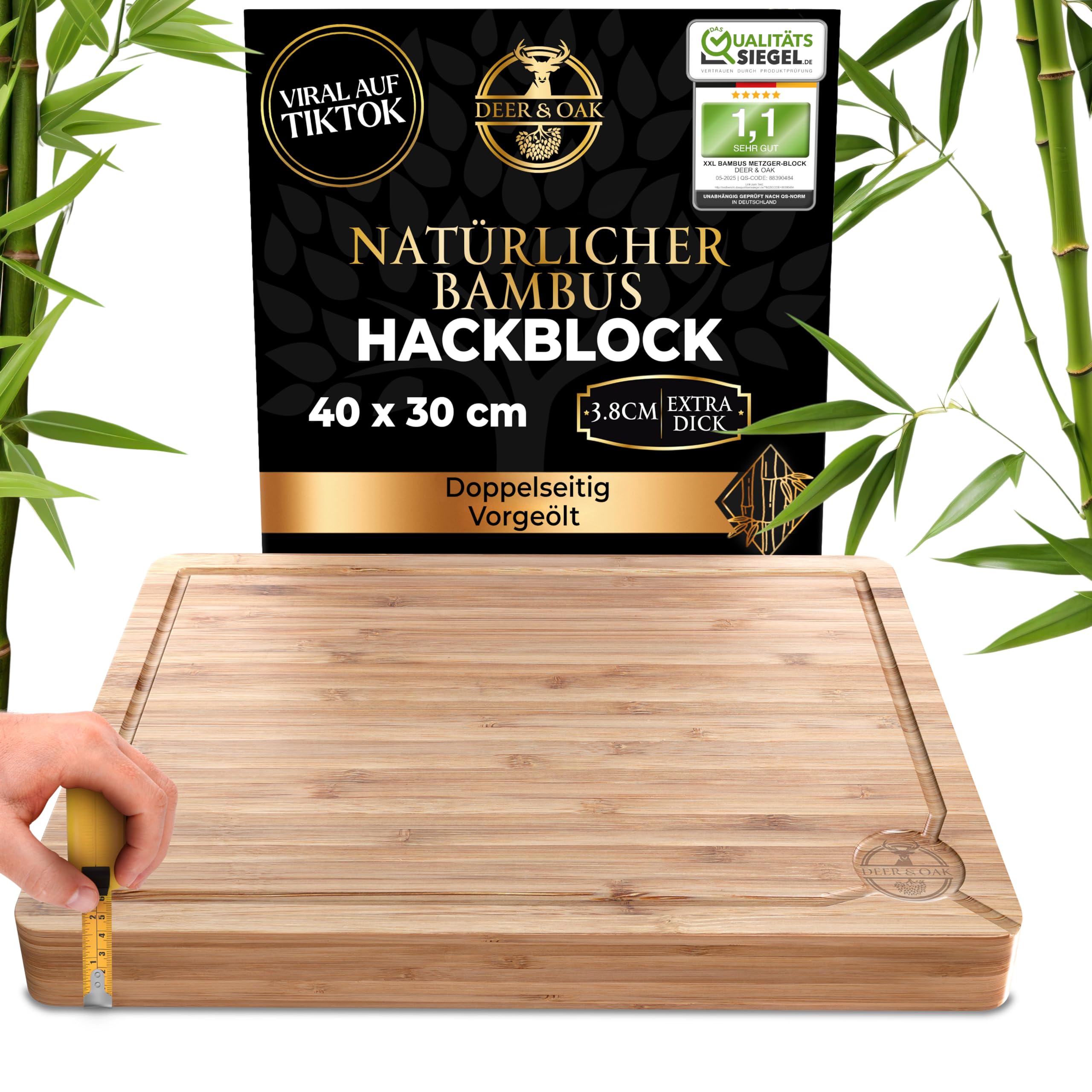 Deer & Oak Vorgeölter Hackklotz Schneidebrett Holz Groß 40 x 30 x 3,8 cm Extradickes Holzbrett zum Fleischschneiden, Gemüse, und Brot, Bambus Schneidebrett, Robustes Holzbrett Küche