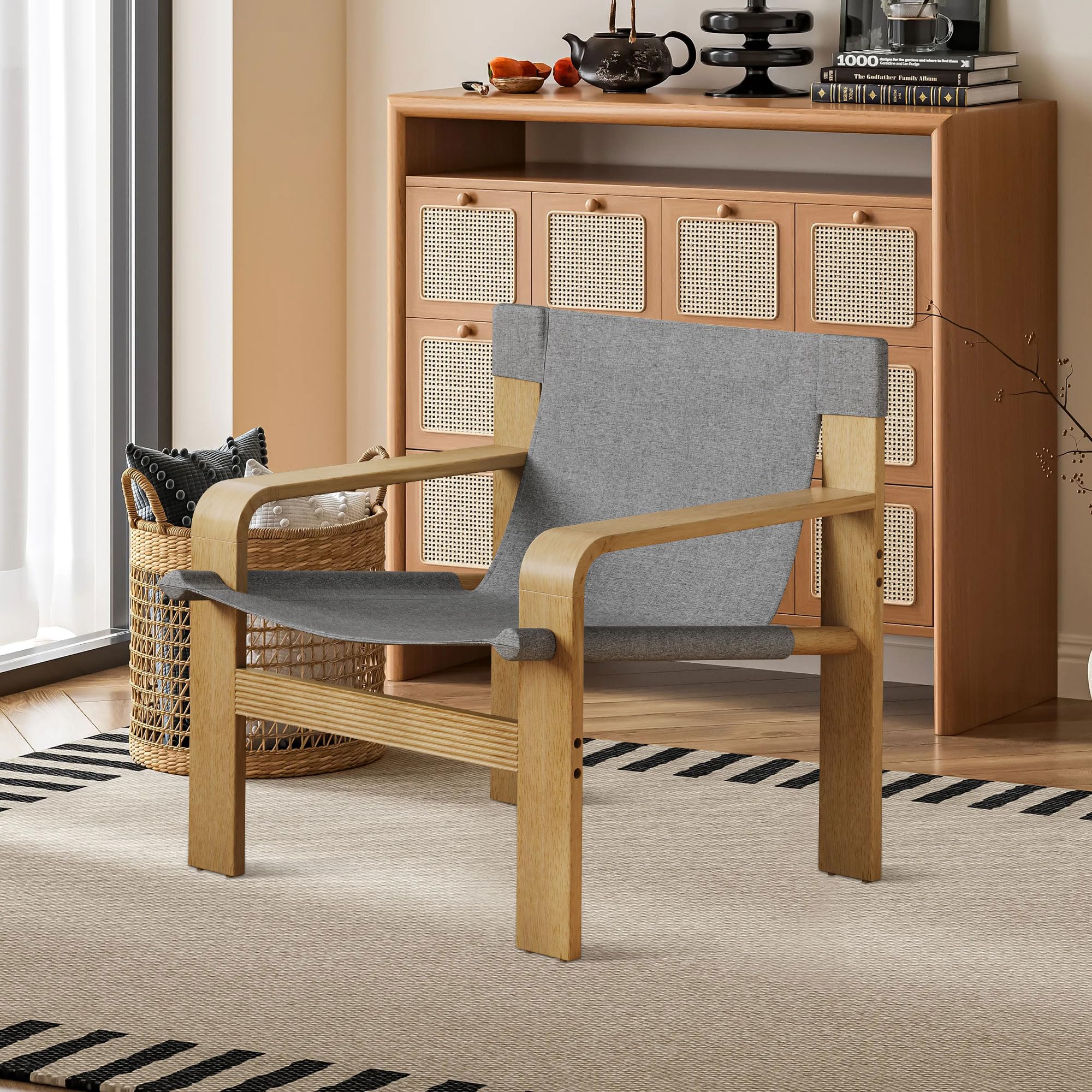 FAVSH Mid-Century Accent Chair with Wide Armrest & Solid Wood Frame, Detachable and Washable Armchair, Modern Living Room Reading Chairs for Bedroom