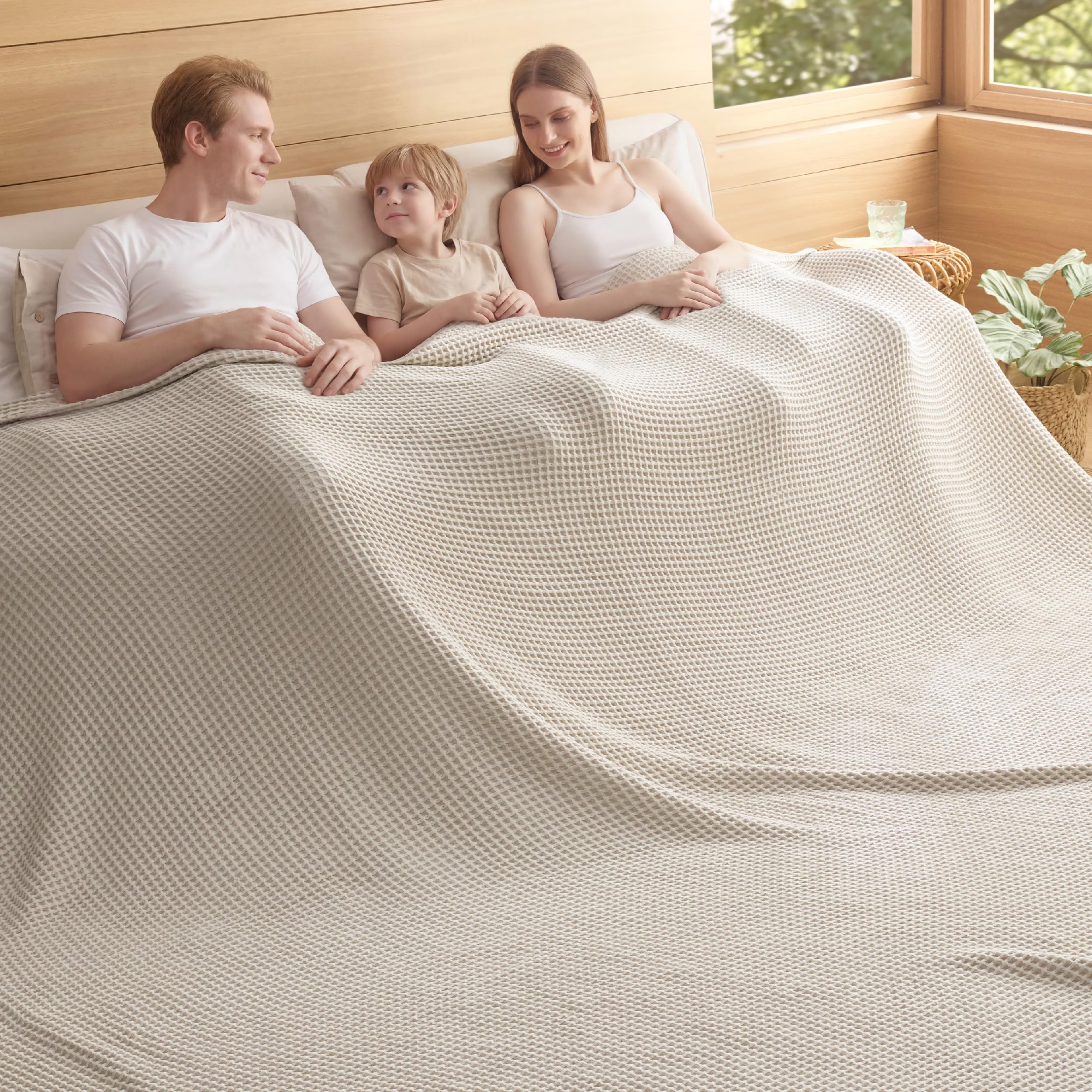 Photo 1 of Bedsure 100% Cotton Oversized King Blanket for Spring Summer, Waffle Weave Couch Cover California King Blanket, Thin Lightweight Breathable Bedding Gifts for Women, Men, Teens, Linen, 120"x94"