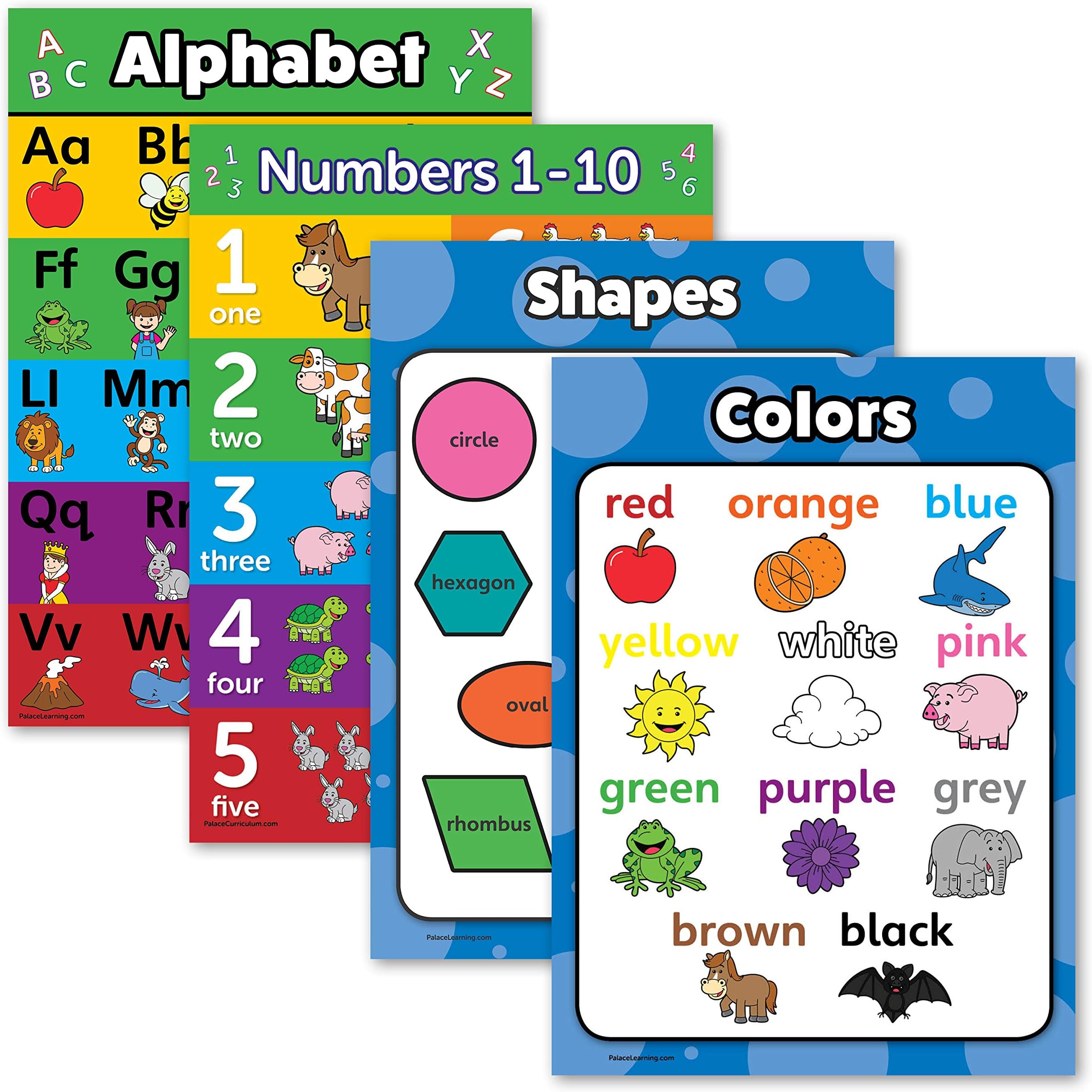 4 pack - ABC Alphabet + Numbers 1-10 + Shapes + Colors Poster Set - Toddler Educational Charts (LAMINATED, 18" x 24")