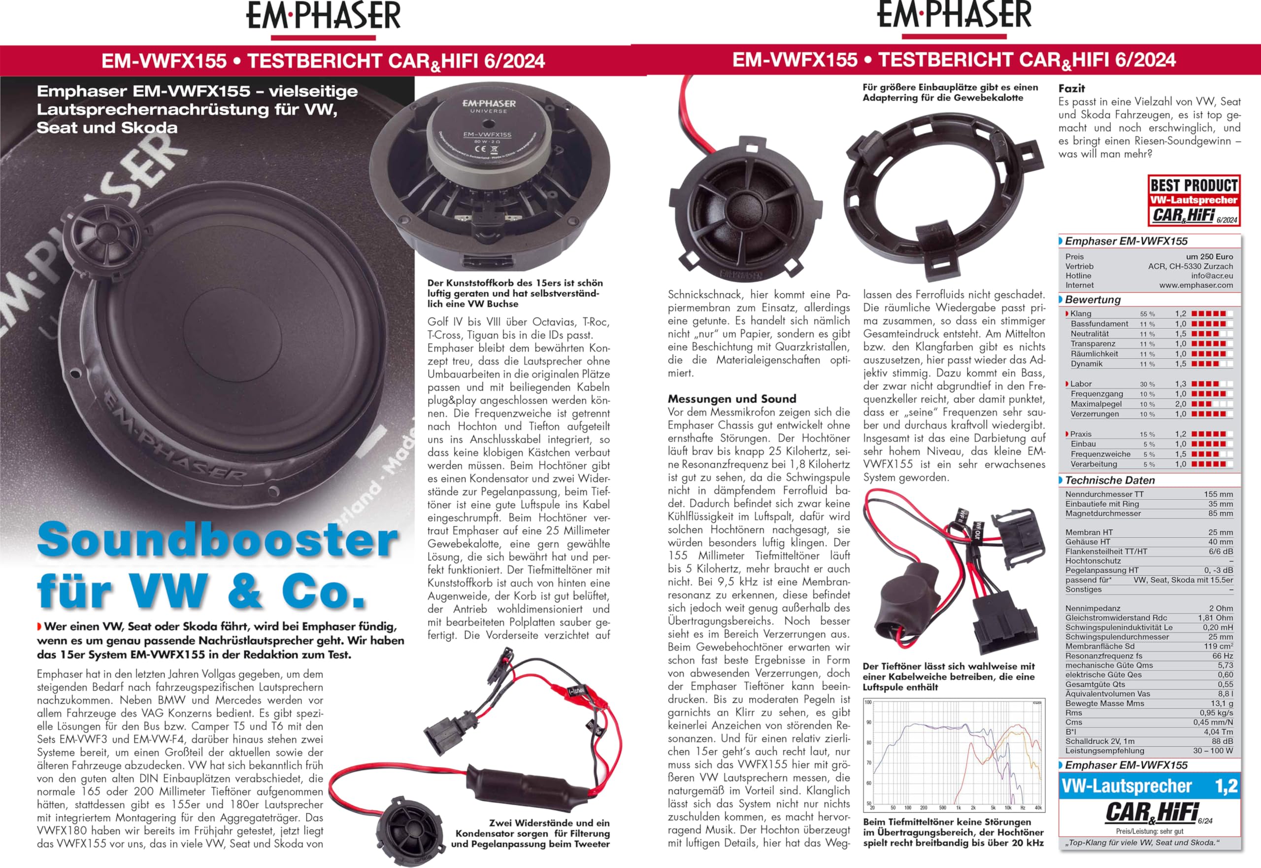 EM-VWFX155 - Potenti Altoparlanti Plug & Play a 2 Vie da 15,5 cm / 6", compatibili con VW, Seat, Skoda, Sistema Audio per Installazione sulla Porta, 80 W RMS, 1 Coppia