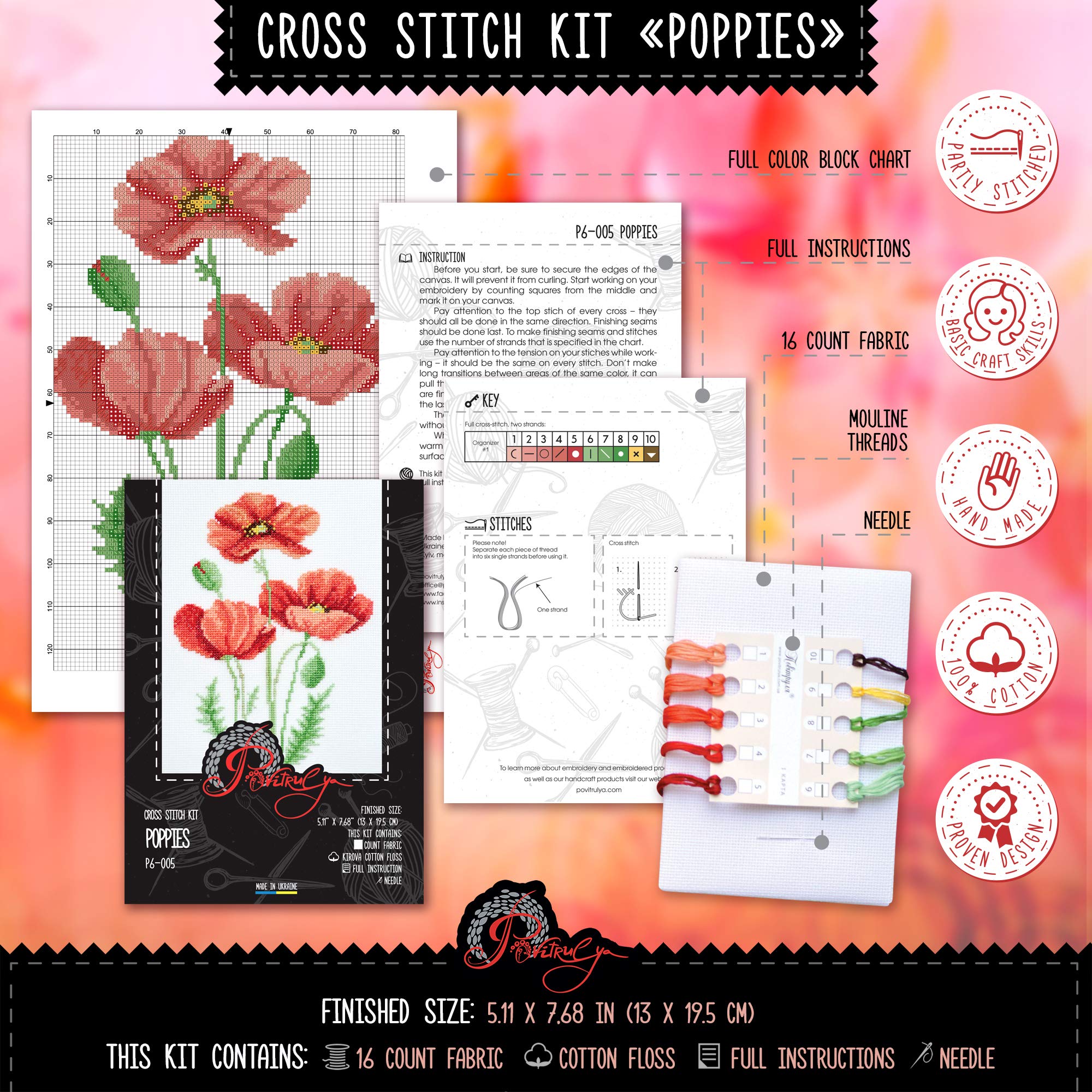 Kit Broderie Point De Croix Pré-Imprimé Fleurs De Coquelicot 11 Carats - 35x35cm Pour Adultes