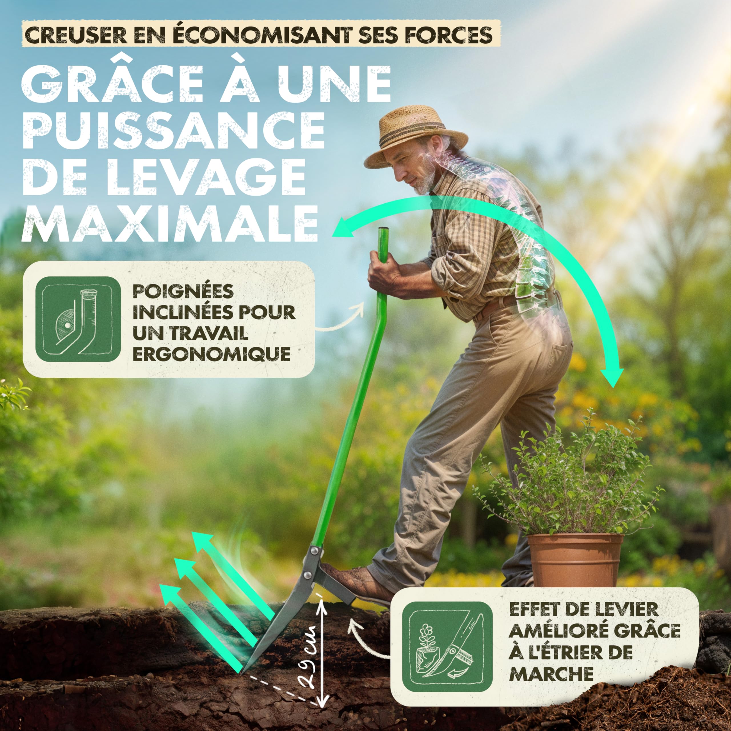 GARLINGO Broadfork Fourche à creuser | 50 cm de large | Avec étrier pour un effet de levier maximal | Fourche de jardin Fourche à creuser double fourche de jardin