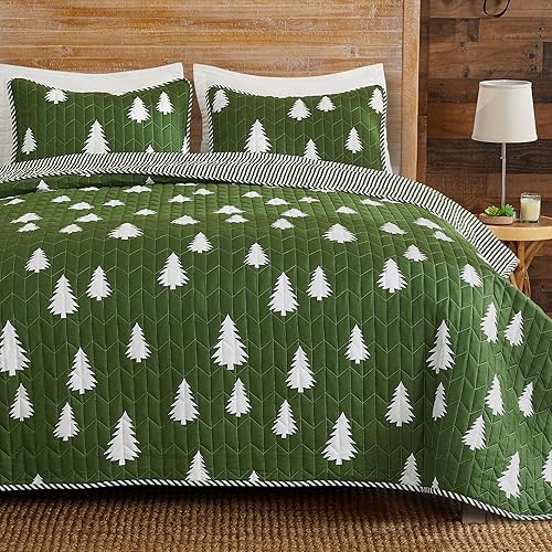 Great Bay Home Juego de colcha reversible de tamaño matrimonialQueen de color verde oliva de estilo rústico de cabaña y fundas decorativas de