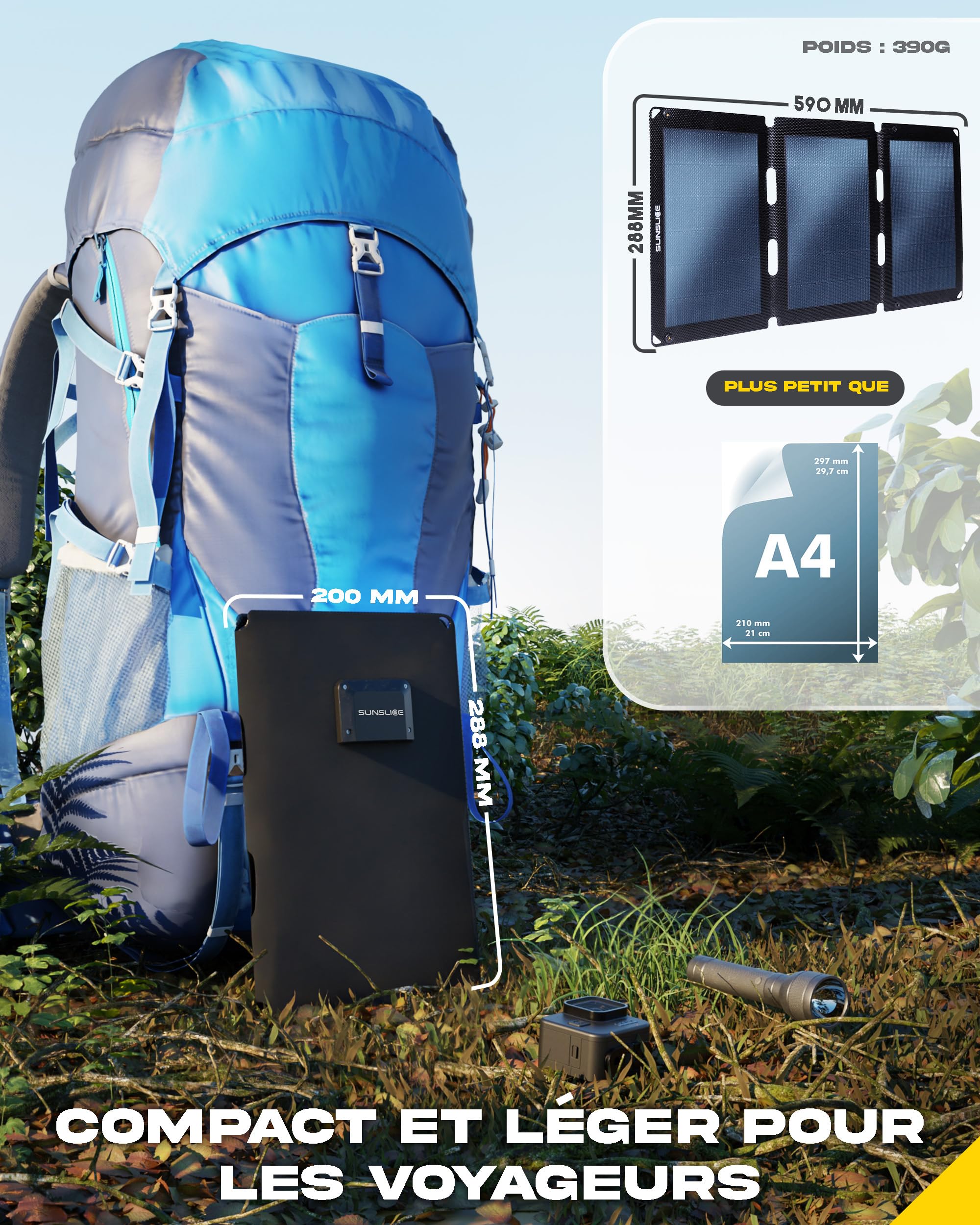 Panneau Solaire Portable 18W - Ultra Léger et Flexible Sunslice Fusion FLEX 18, Résistant à l’eau et aux chocs, pour Camping, Randonnée - Chargeur Solaire Puissant avec Panneau Solaire USB-C, 18 Watts