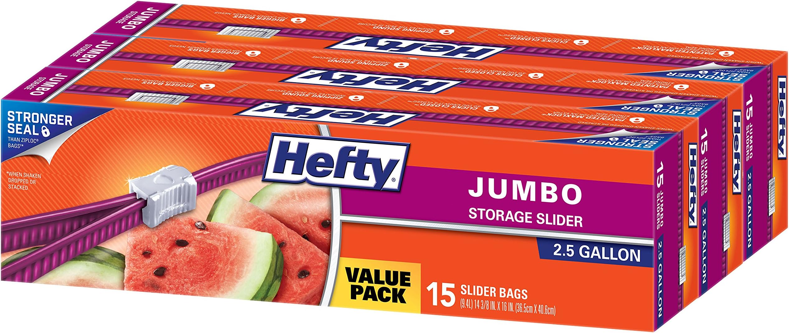Hefty Slider Jumbo Storage Bags, 2.5 Gallon Size, 3 Boxes of 15 Bags (45 Total)