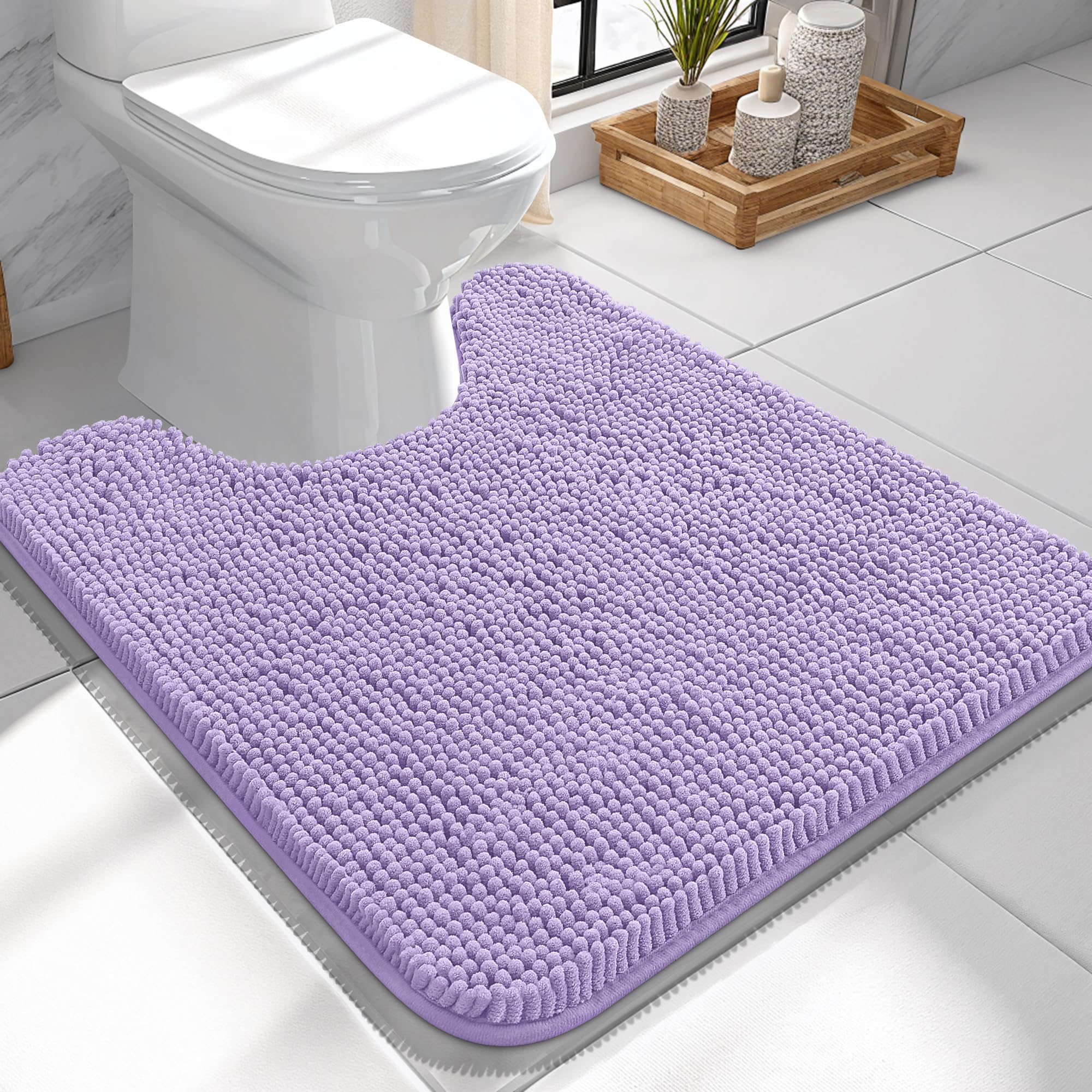 OLANLY Toilet Rugs U-Shaped 24x24, Soft Absorbent Chenille Contour Rugs | Lavender, Quick-Drying Rubber Backing, Machine Washable Non-Slip Shaggy Bathroom Mat for Toilet, Home Decor Accessories