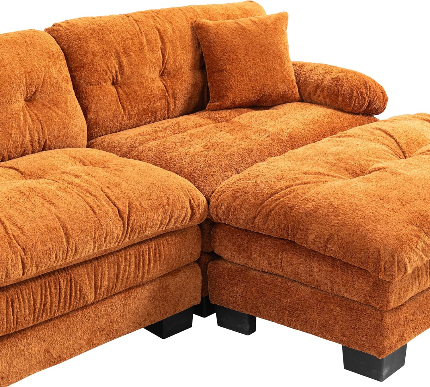 KEIKI L Shaped Modular Sectional Sofa, Reversible 3 Seater Couch with Ottoman, 3-Seater Sofa with 2 Pillows for Living Room Bedroom Office Hallway, Orange