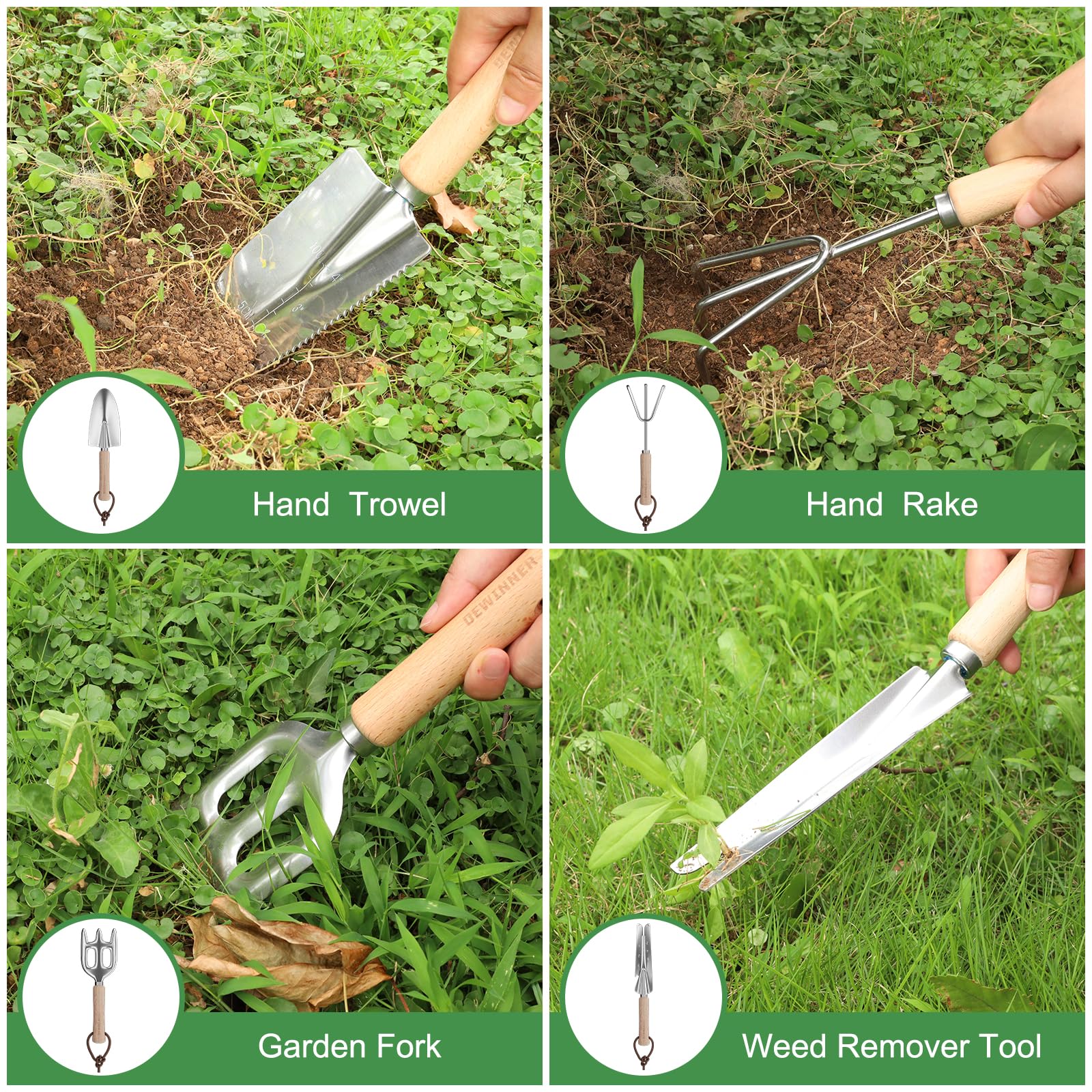 DEWINNER Set Di Attrezzi Da Giardinaggio, 12 Pezzi Kit Giardinaggio Con Manico in Legno Antiscivolo, In Acciaio Inox, Per Esterni Attrezzi Da Giardino, Strumenti Da Giardinaggio per Donne E Uomini