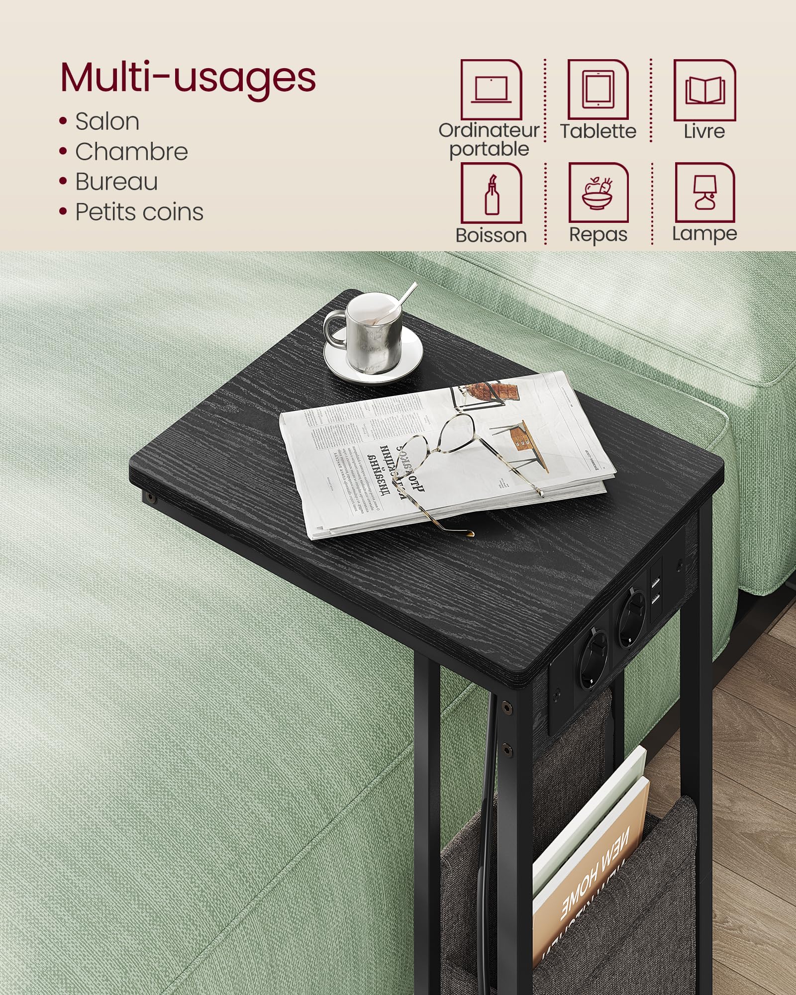 VASAGLE Table d’Appoint, Table de Chevet avec Multiprise, Bout de Canapé en Forme de C, pour Petits Espaces, 2 Ports USB et Prises, Sac, Pieds Réglables, pour Chambre, Salon, Noir Boisé LET356B02V1