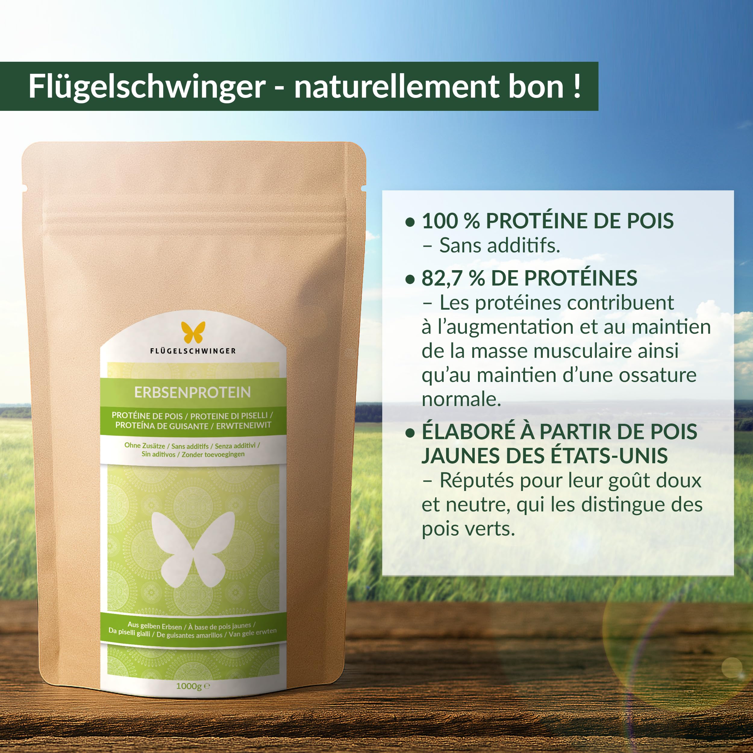 1kg de Protéine de Pois, à partir de pois jaunes au goût neutre, naturellement vegan, sans soja (1000g)