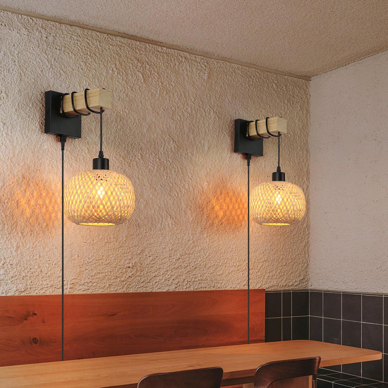 Plug in Bamboo Wood Wall Sconces, Industrial Hand-Woven Rattan Lampshade Hanging Wall Lamp with Metal Base, Farmhouse Rustic Wall Mounted Light Decor for Kitchen Island, Living Room, Bedroom