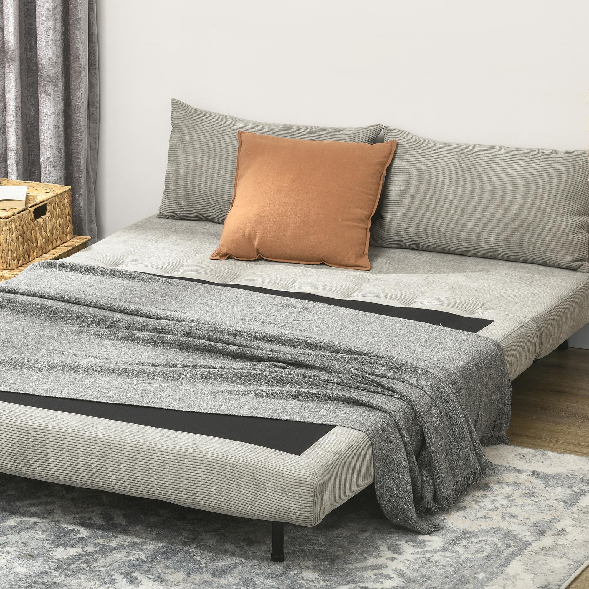HOMCOM Divano Letto Matrimoniale con Schienale Regolabile in 3 Posizioni e 2 Cuscini, Divano Letto Clic Clac in Tessuto Effetto Lino Grigio