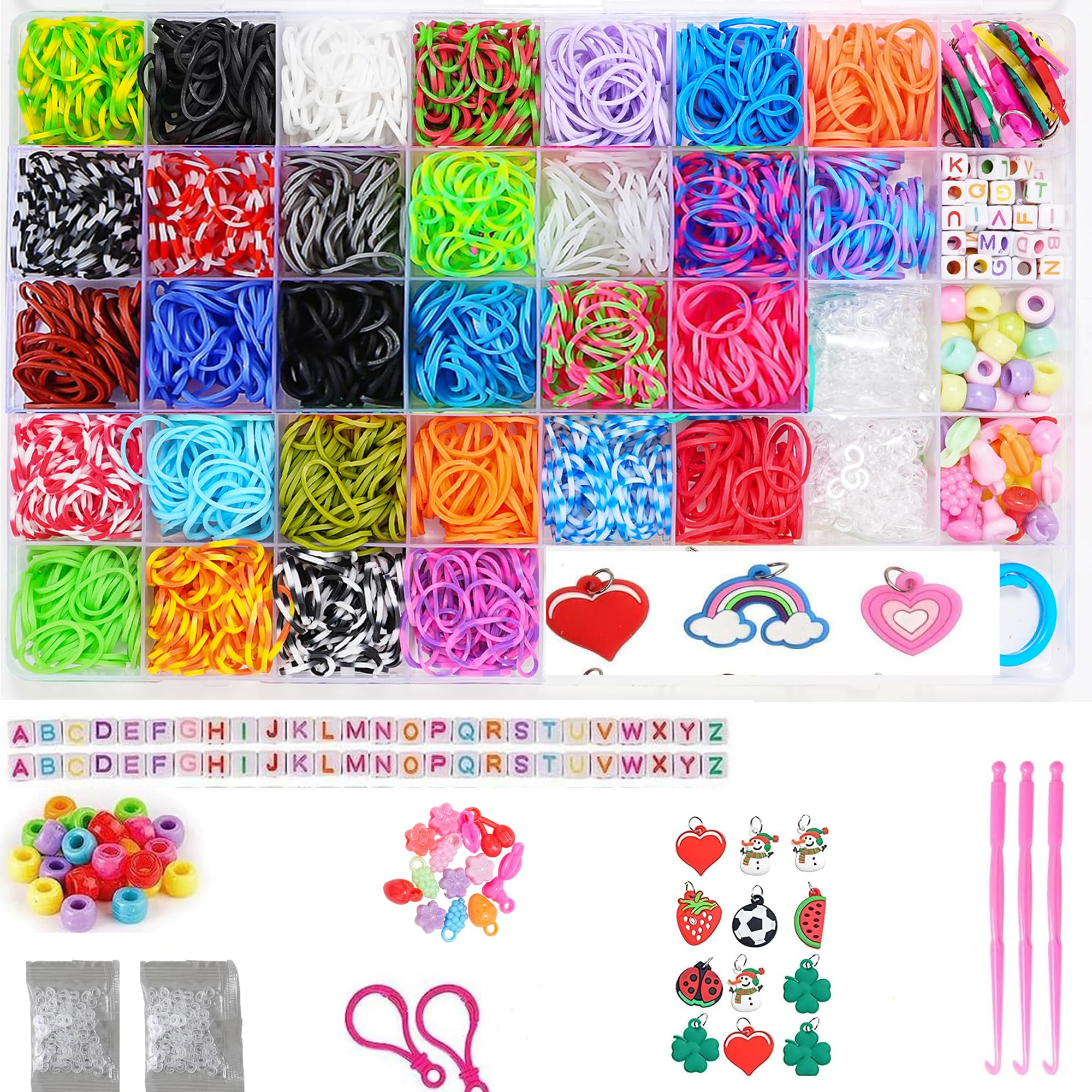 2500+ Rubber Bands,Loom Band Kit, DIY Rubber Bands Set for Bracelet 15 Charms, 80 + Beads, 3 Crochet Hooks, 96 S Clips