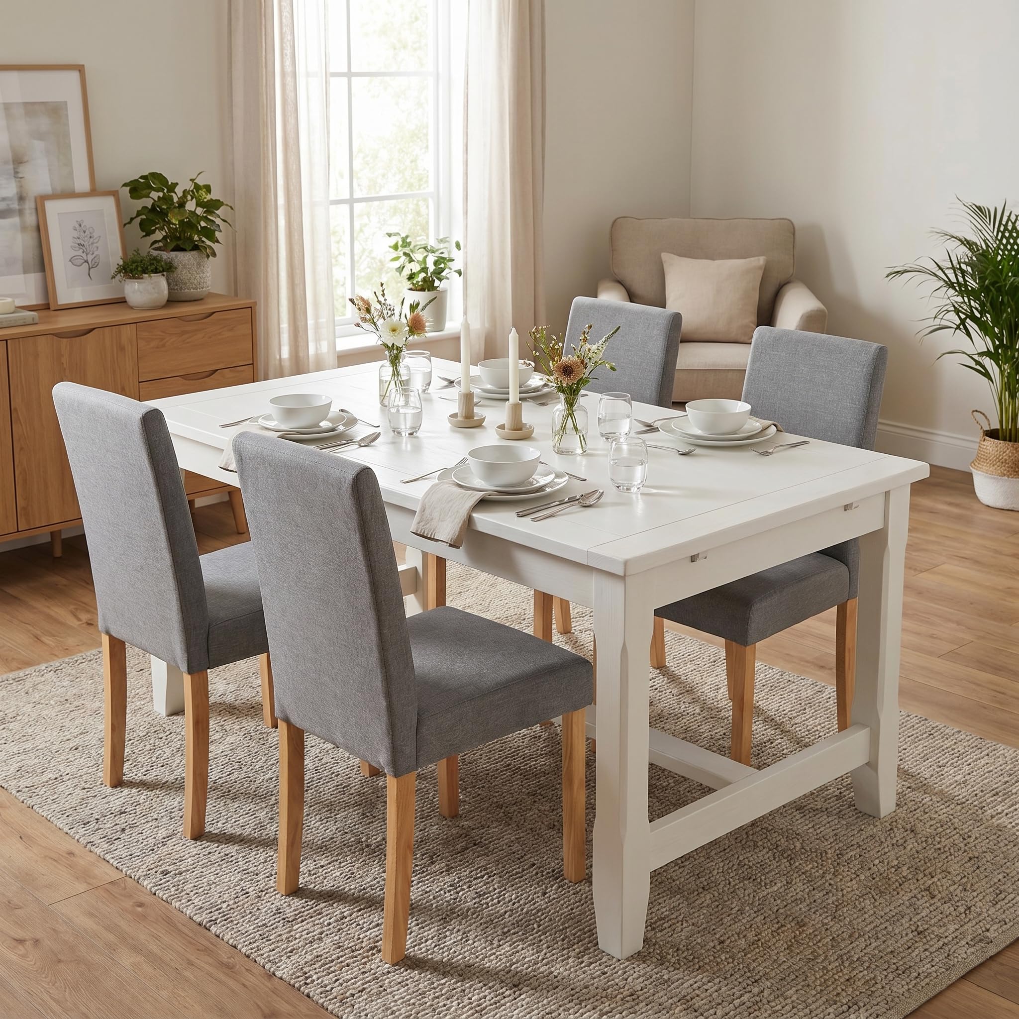 EGGREE Sedie da Pranzo Set di 2 Grigie Tessuto Lino Sedie Imbottite con Seduta e Schienale Spessi, Gambe in Legno di Gomma Resistenti, 43 × 46,5 × 92 cm, Design Moderno per Cucina e Sala da Pranzo