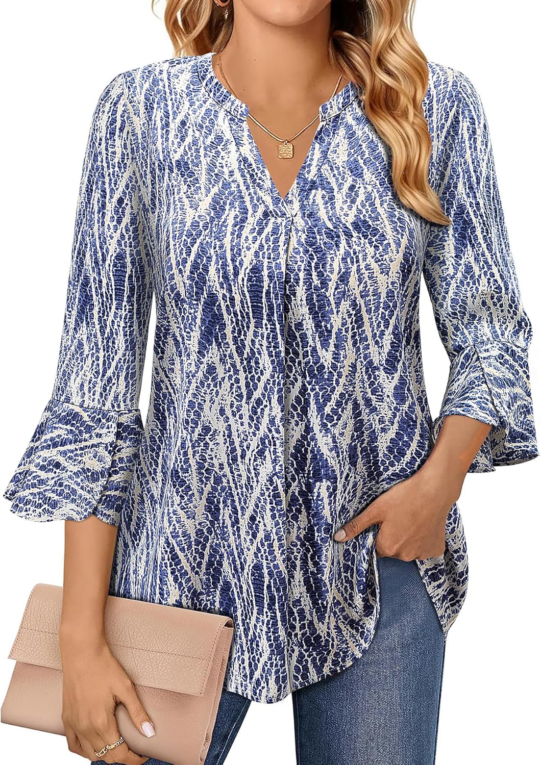 (X-Large) Bulotus Womens Chiffon 3/4 Sleeve Dressy Casual V Neck Blouses Blue Snake Skin X-Large
