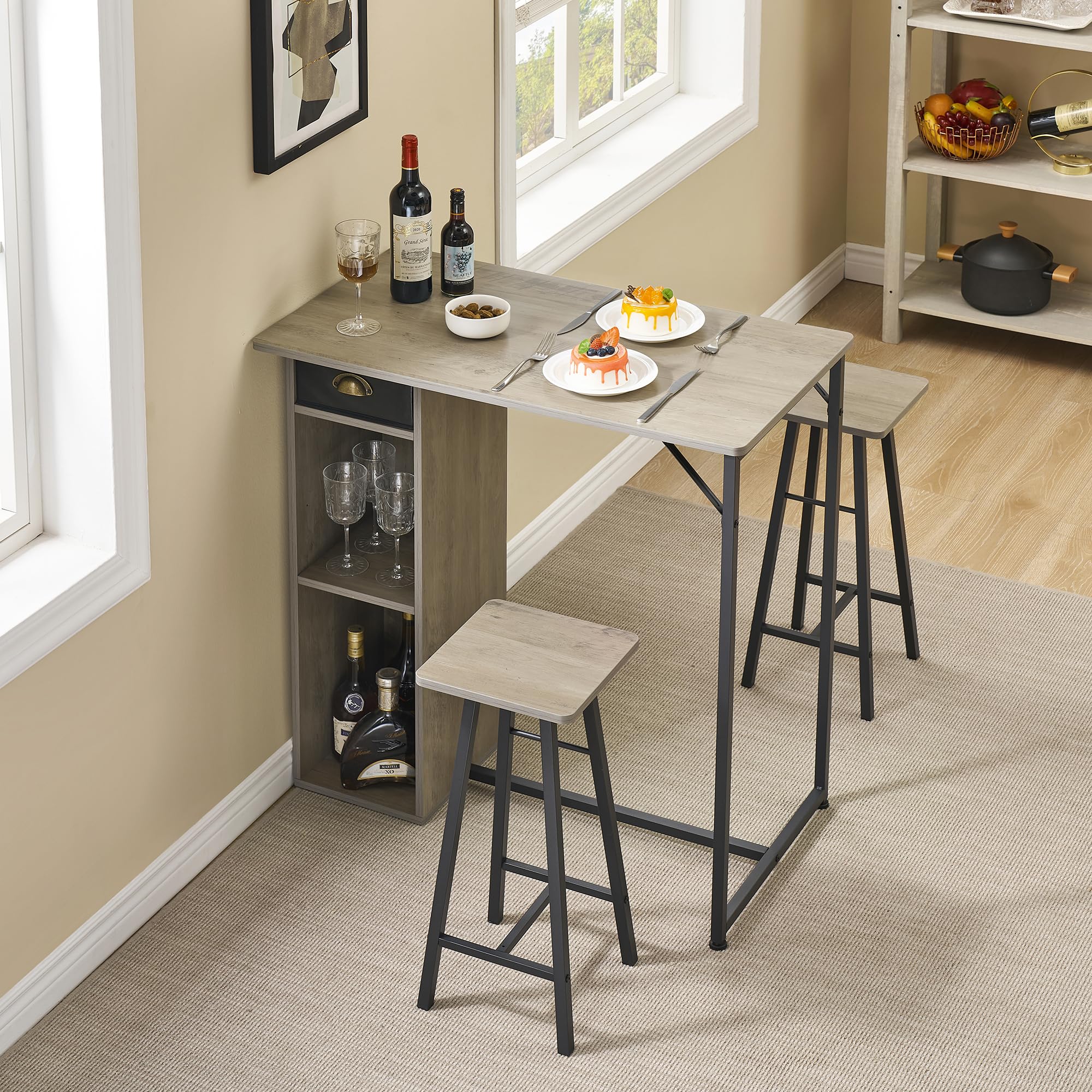 Garvee 3-teiliges Bartisch-Set, Esstischgruppe für 2 Personen, Tisch mit Metallgestell und Schublade, inklusive 2 Stehhockern und 2 Ablageflächen