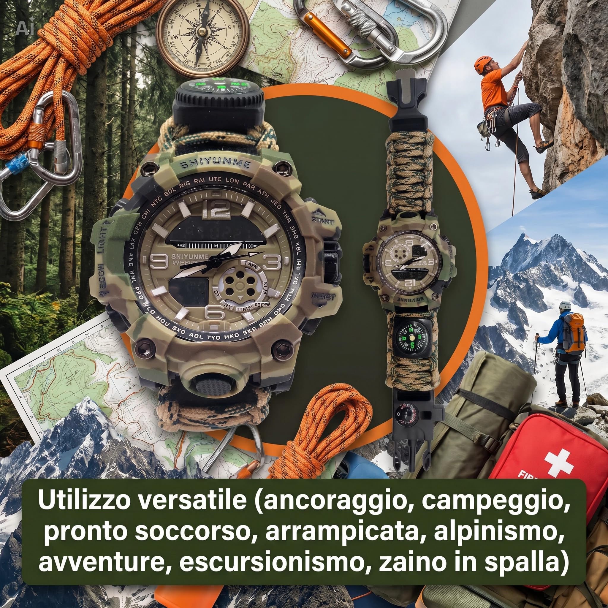 Bracelet tactique multifonction 7 en 1 - Montre de survie avec boussole, thermomètre, sifflet et corde de parachute de 113 kg - Pour camping, randonnée et escalade