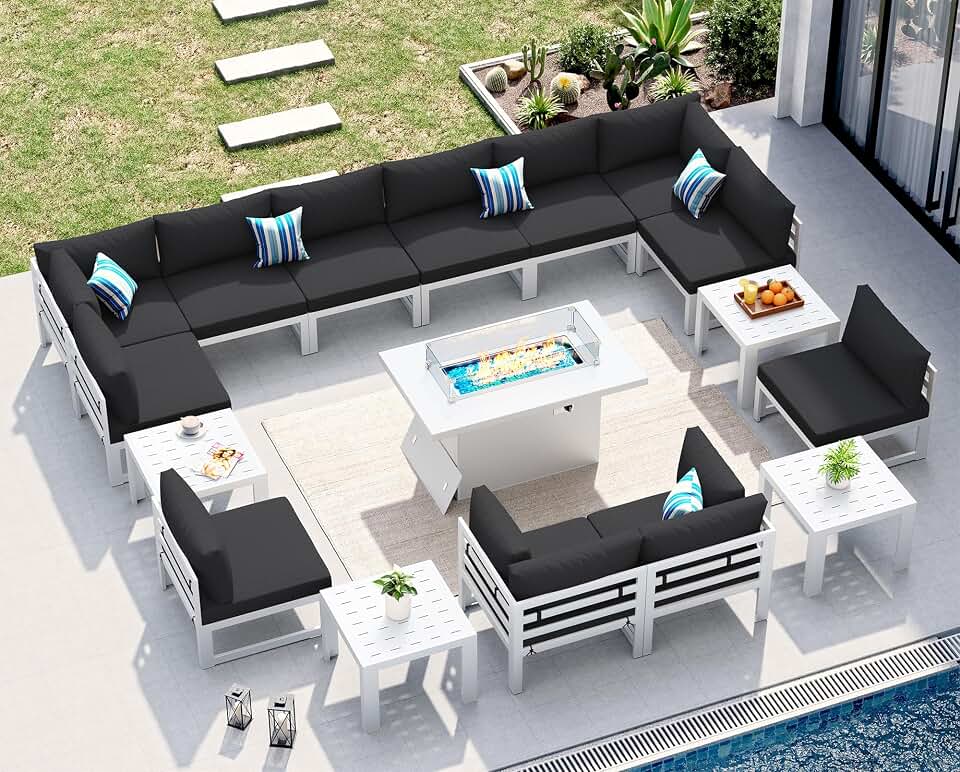 NICESOUL 12 Seat Large Modern Aluminum Patio Conversation Set, 29" Deep Wide Sectional Seating with Fire Pit Table, 500 lbs Heavy Duty All Weather Outdoor Sofa with Side Table for Backyard Deck, Black