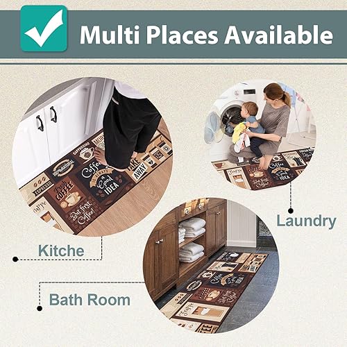 Miniatura 5 de Carvapet 2 piezas Tapete antideslizante de cocina Tapete con respaldo de caucho termoplástico antideslizante diseño de Café 17 x 48 pulgadas y 17 x