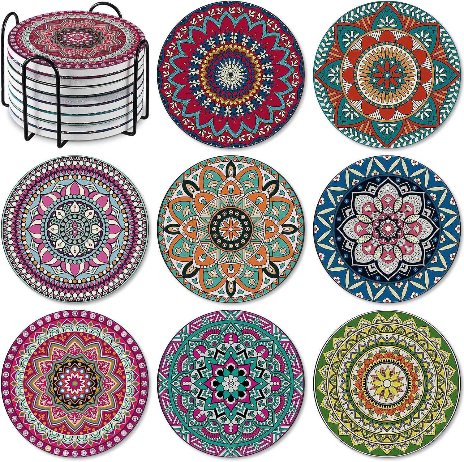 Patelai 8 Pcs Boho Ceramic Coasters Set with Holder 4 Inch Mandala Round Absorbent Drink Coasters for Coffee Table Glasses Bar Mugs Housewarming Home Decoration Gift Supplies