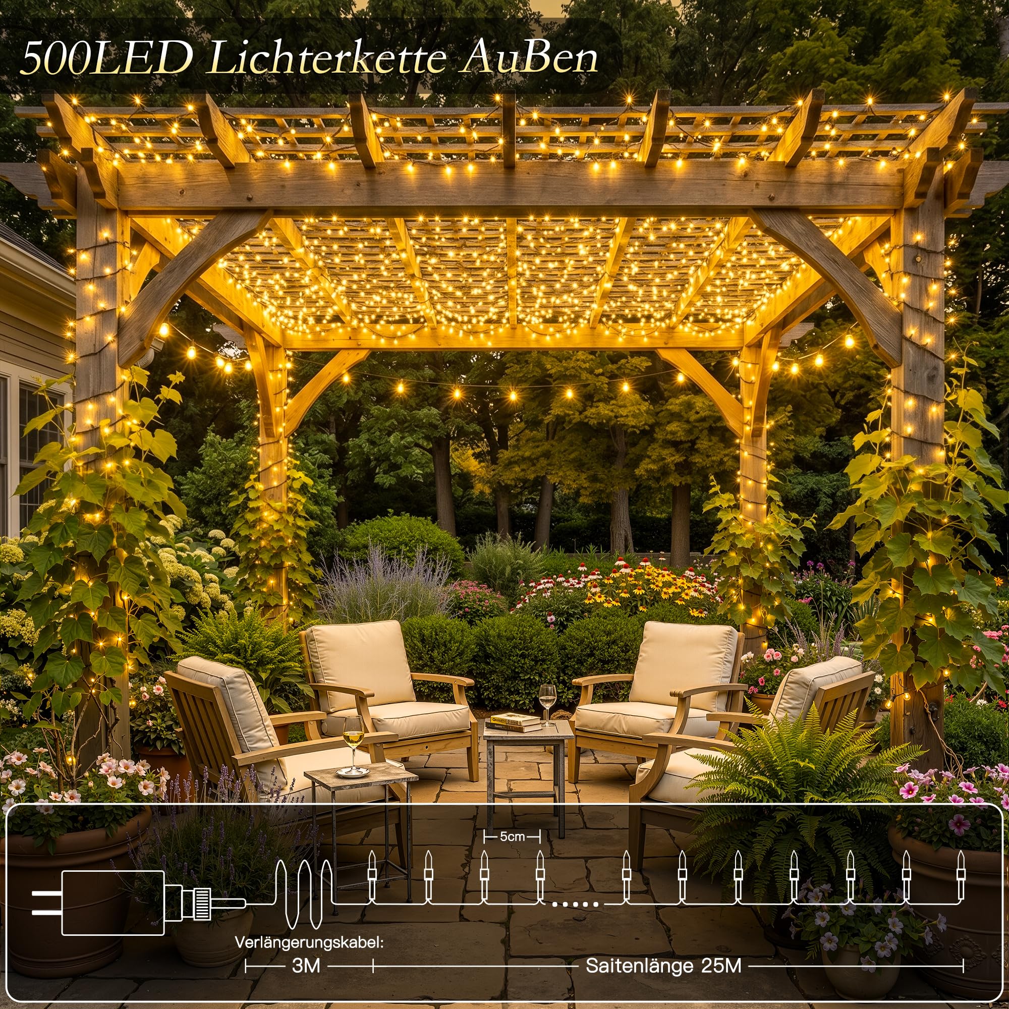 Cadena de luces para exteriores, blanco cálido, 25 m, 500 LED con cable verde, IP44, impermeable, regulable, 8 modos, temporizador y mando a distancia, cadena de luces para jardín, balcón
