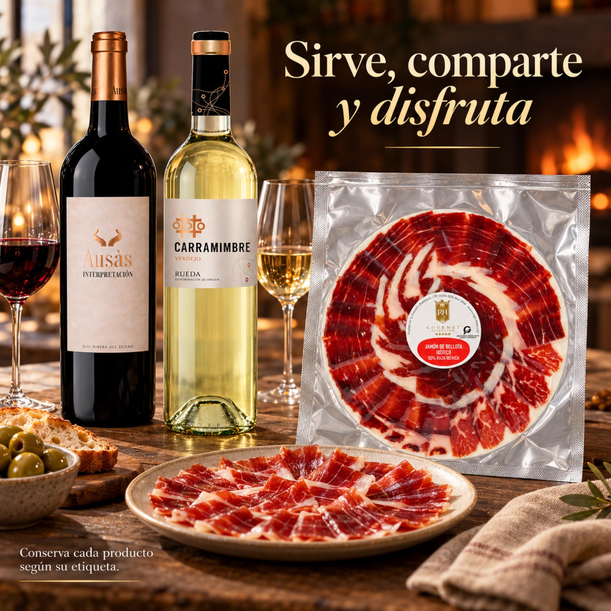 Cesta gourmet Navidad Ausás Interpretación y Carramimbre Verdejo con jamón de bellota ibérico 50% corte a cuchillo 100 g RH Gourmet, pack de 2 botellas 75 cl