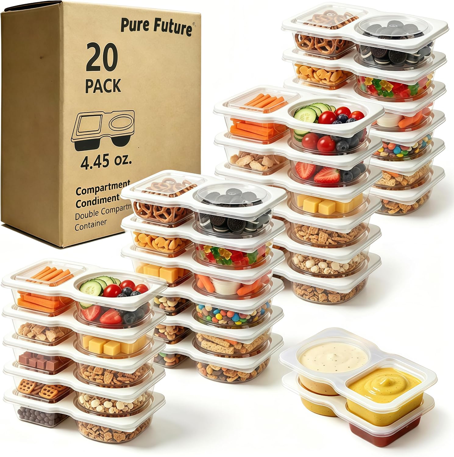 Pure Future 20-Pack Reusable Snack Containers with Lids, 2-Compartment