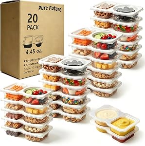 Pure Future ensemble de 20 contenants à collations réutilisables à double compartiment avec couvercles - Boîtes à repas en PP sans BPA pour le déjeuner, les fruits et les trempettes, adaptées au micro-ondes / lave-vaisselle