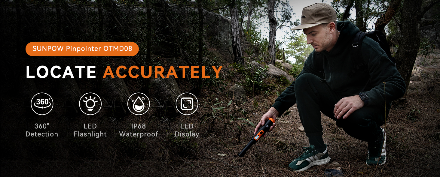 SUNPOW Pinpointer Metal Detector Professional Exclusive for Adults, 800mAh Rechargeable Lithium Battery, Full IP68 Waterproof, Improved Chip and LCD Screen, 4 Modes, 3 Lights with SOS
