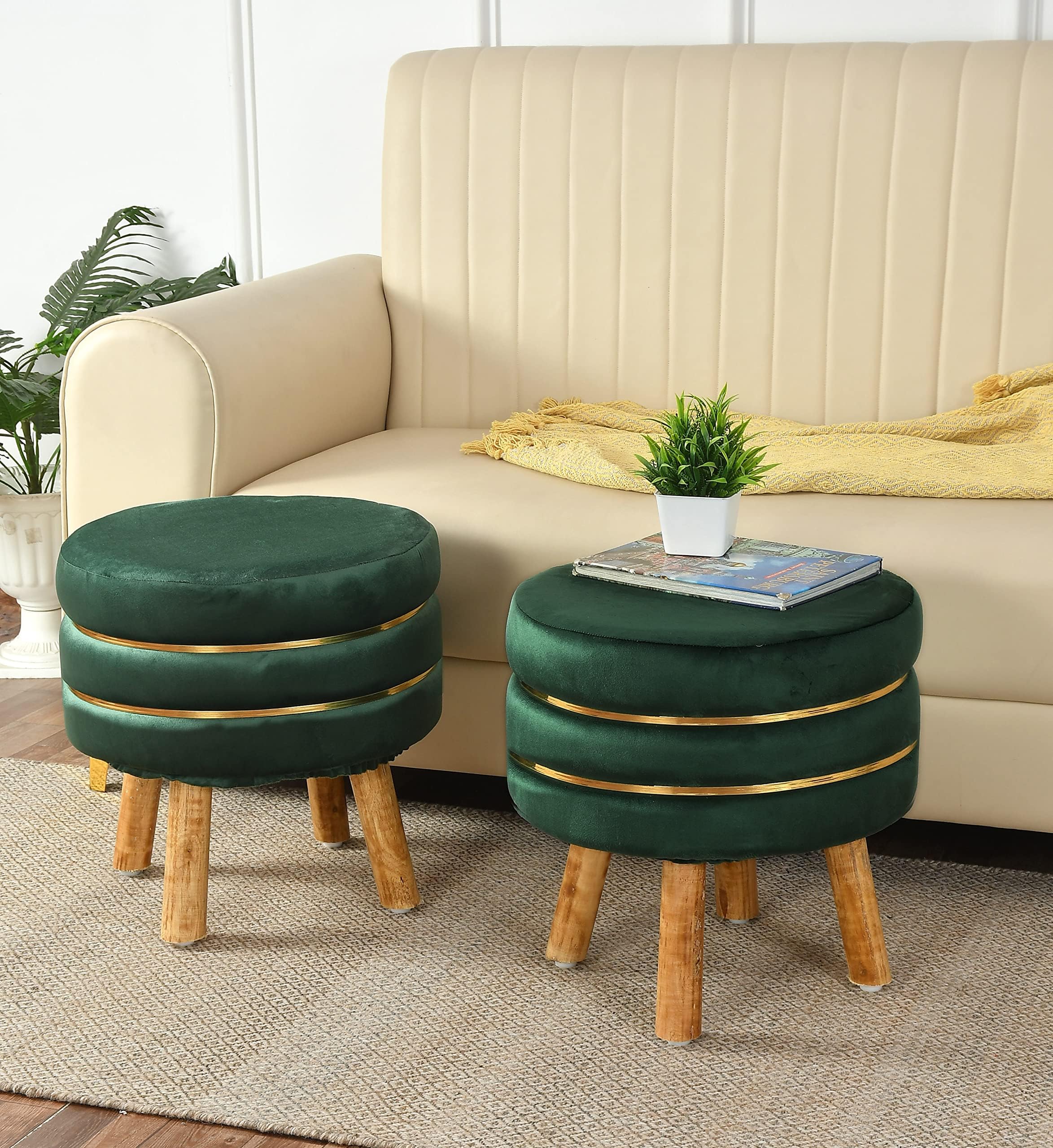 - NACIA Ottoman Pouffe Stool for Living Room Sitting, Green (16x16x17 inch, Pack of 2) - Round Footstool/Foot Rest with 4 Wooden Legs for Dressing Table, Home Decor, Balcony, Bedroom